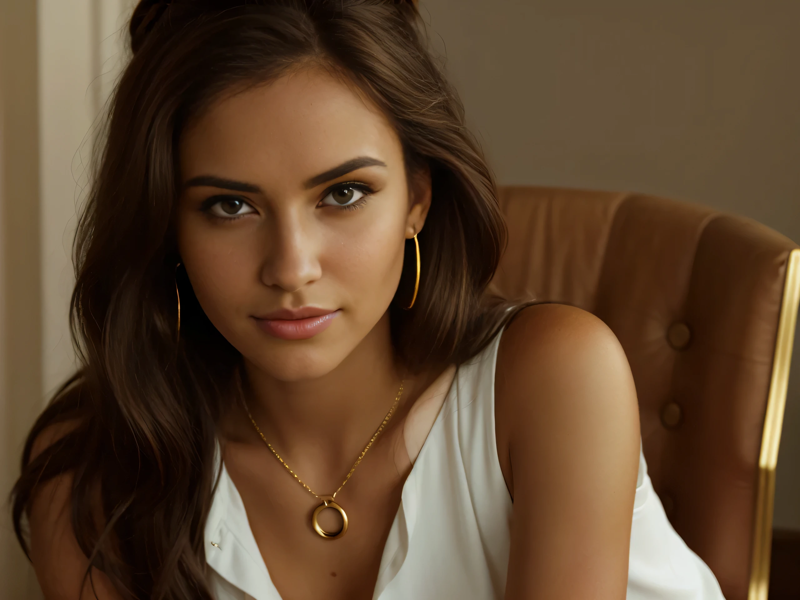 The image depicts a captivatingly beautiful Latina woman sitting in an executive chair, with a confident gaze and a professional smile. Her brown hair is styled in an elegant bun, and her leaden eyes reflect her intelligence and determination. Her toned body can be seen through her formal, yet soft attire, consisting of a white button-up blouse with a bow at the neck, and a tight black skirt that falls to the knees. She wears a pearl necklace and earrings, along with a gold watch, adding a touch of sophistication. The photograph is a masterpiece of superior quality, with an impressive level of detail and realism. The woman's skin appears smooth and soft, and her features stand out clearly. The color of the image is reminiscent of Kodak vision, giving it a warm and natural appearance. The depth of field is shallow, creating a blur effect in the background and highlighting the woman as the center of attention. The image was taken with a Canon camera with an 85mm lens and underwent post-processing for maximum detail, texture, lifelike quality, and photorealism, giving it an ultra-realistic quality.