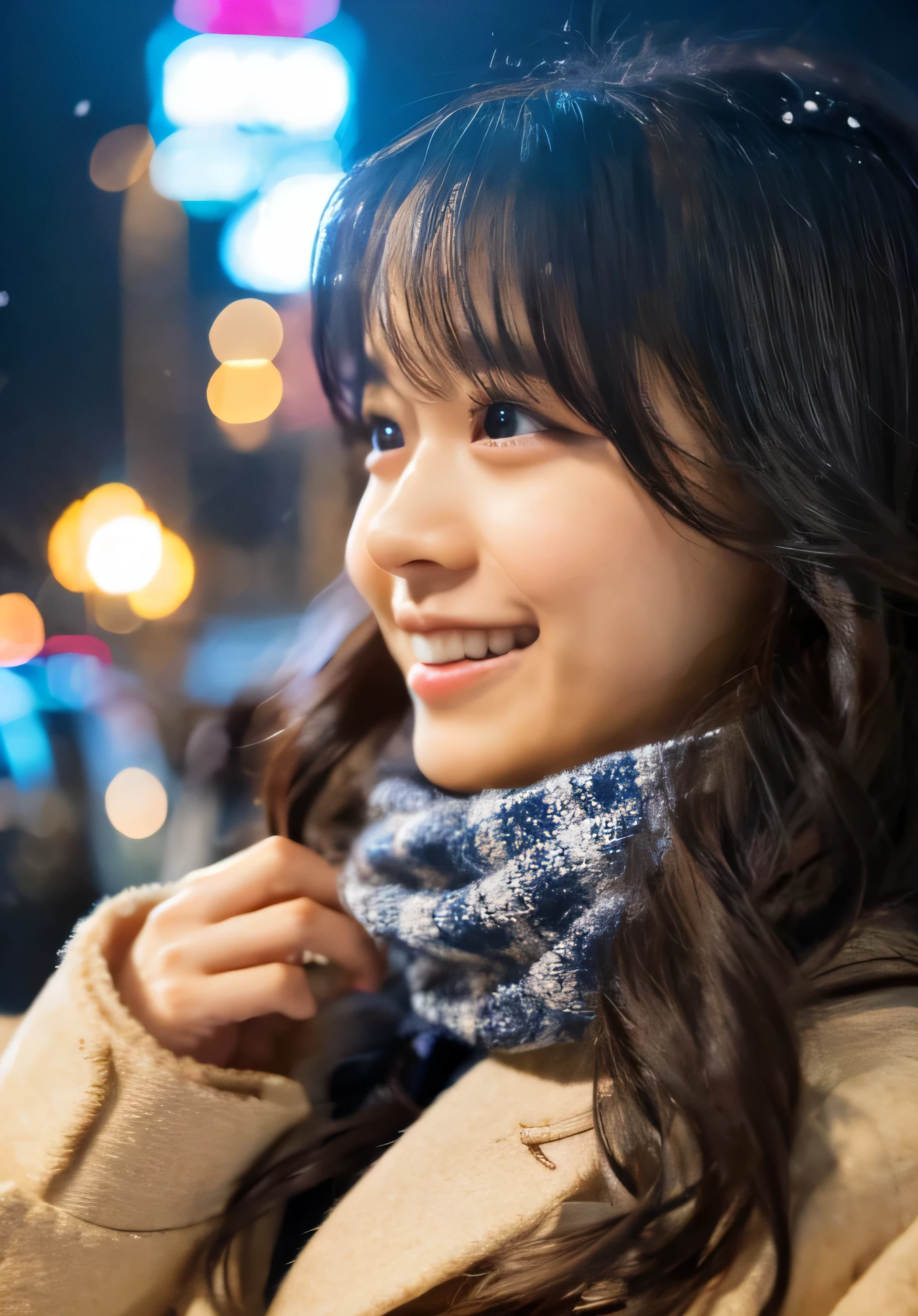 1 girl, (put on a coat:1.2), (RAW Photos, highest quality), (Realistic, Photorealistic:1.4), Tabletop, Very delicate and beautiful, Very detailed, 2k wallpaper, wonderful, finely, very detailed CG Unity 8k wallpaper, Very detailed, High resolution, Soft Light, Beautiful detailed girl, Very detailed目と顔, Beautiful and detailed nose, finely beautiful eyes, Cinema Lighting, Illuminations that light up the city on a snowy night, Snow Scene, that'it's snowing, Perfect Anatomy, tense air, Straight Long Hair, Looking at the audience, smile, Hokkaido serial murders, Disappearing into the Sea of Okhotsk, Tracking、Fluffy scarf、