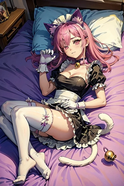 pinku_pawlette, cat_ears, cat_tail, pink_hair, purple_eyes, hair_over_one_eye maid, maid_uniform, maid_headdress, dress, paw_gloves, cat_paws, white_legwear, neck_bell, bell, shoes, lie in bed