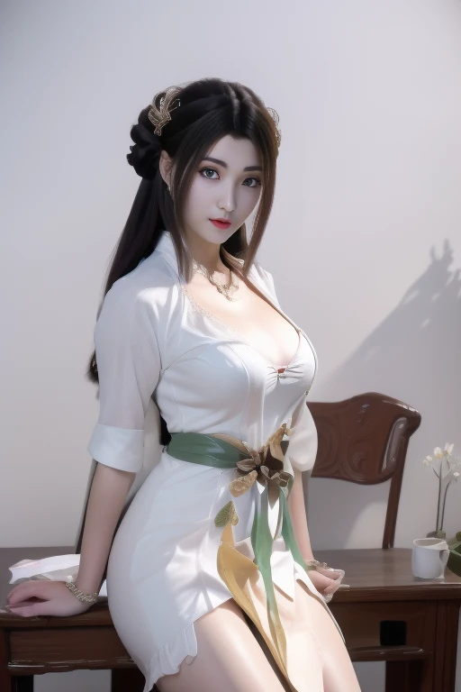 (8k, Raw Photos: 1.2), best quality, illustration, beautiful painting, 1 Sexy Happy Girl, Pretty Face, delicate skin, Gorgeous bun, Hair accessories, (Hanfu:1,4), Looking at the audience, ((Sitting on an old Chinese chair)), Chinese fans, whole body, High Detail, accent, Color ink painting, (((rich and colorful)), lycoris, sketch, Denoise, dramatic, Movie, White background, Ultra-high resolution, The best shadow, Raw, (HDR) (wallpaper) (Movie lighting) (sharp focus, (Very detailed 8k wallpaper), (:1.2),  bamboo, Cherry blossoms园, Cherry blossoms, (Open with delay when facing the viewer:1.5),