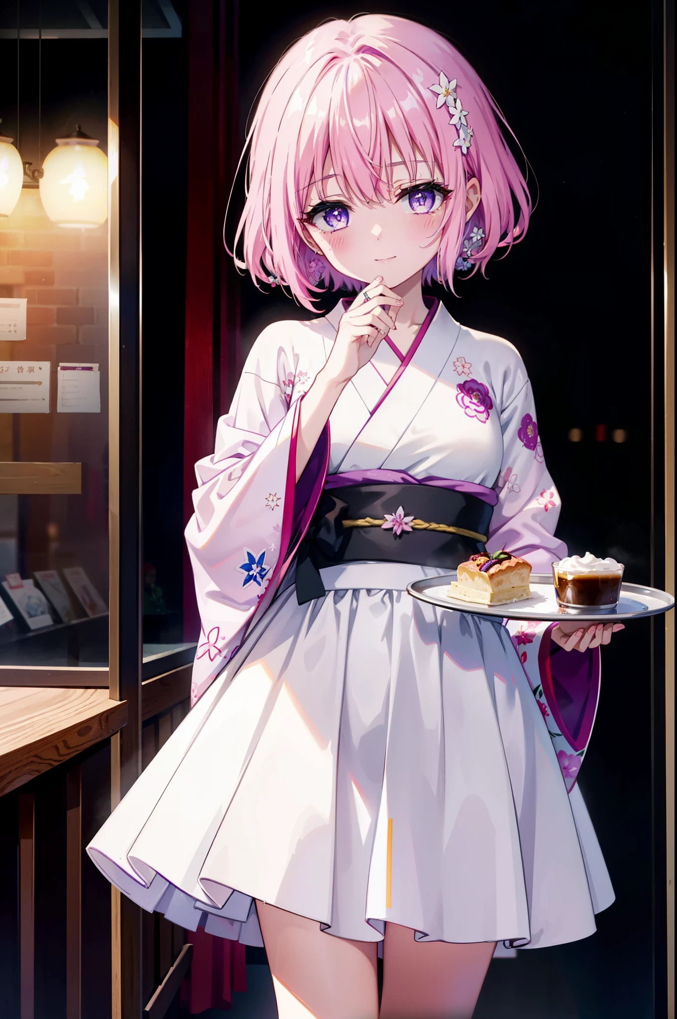 Momodeviluke, Deviluke type, demon tail, Hair Flowers, hair ornaments, (Purple eyes:1.1), Pink Hair, short hair, tail, smile,
break demon tail, Long Hair,happy smile, smile, Open your mouth,blush,Idol-style white kimono,long furisode,White Mini Skirt,White tights,Zori sandals,tray, tray in one hand,A beautiful waitress with Long Hair comes to the table to take our order,As if your whole body is in the illustration,
break looking at viewer, (Cowboy Shot:1. 5)
break indoors, coffee shop, 
break (masterpiece:1.2), highest quality, High resolution, unity 8k wallpaper, (figure:0.8), (beautiful detailed eyes:1.6), extremely detailed face, Perfect lighting, extremely detailed CG, (Perfect hands, Perfect Anatomy),