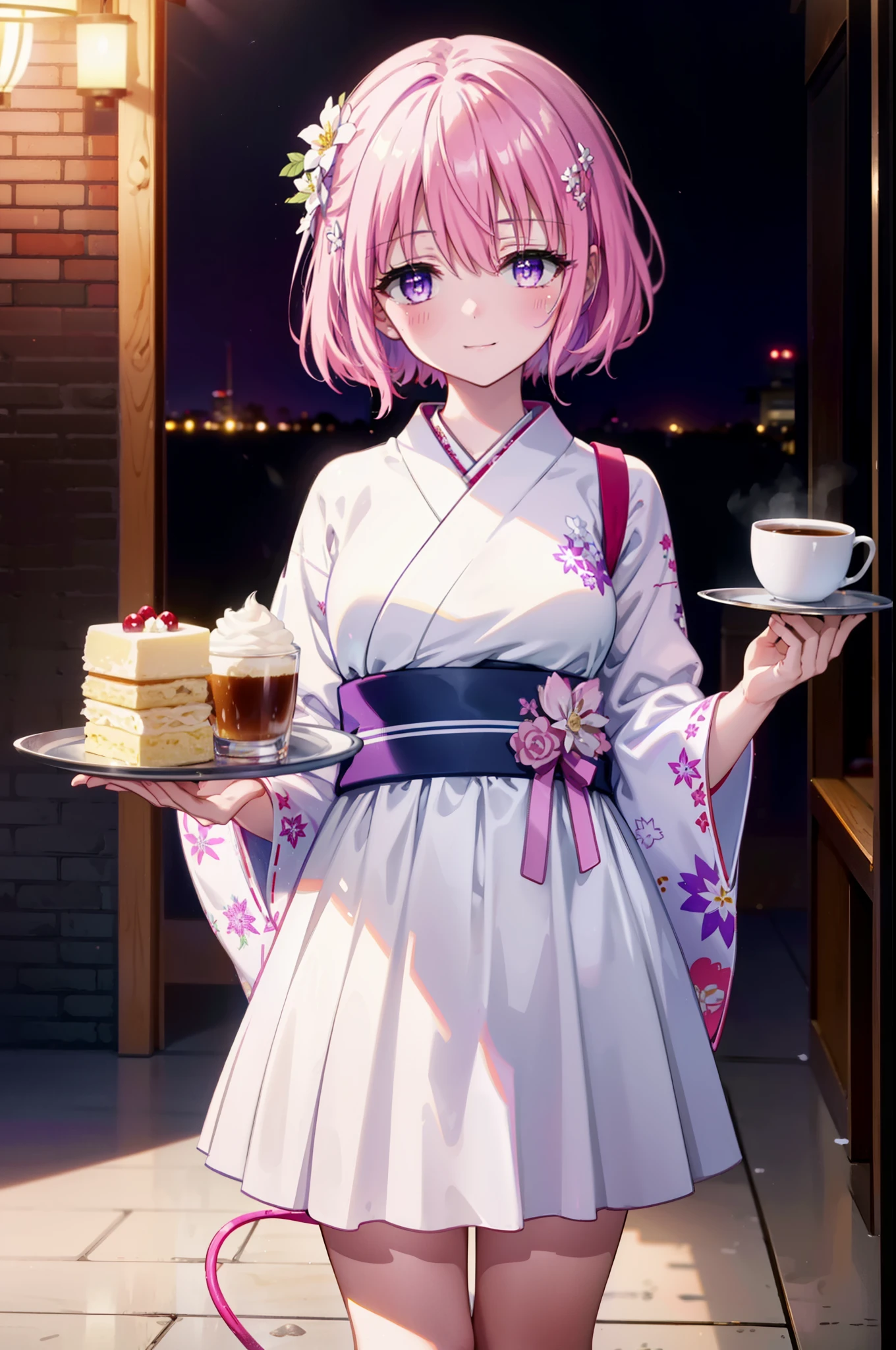 Momodeviluke, Deviluke type, demon tail, Hair Flowers, hair ornaments, (Purple eyes:1.1), Pink Hair, short hair, tail, smile,
break demon tail, Long Hair,happy smile, smile, Open your mouth,blush,Idol-style white kimono,long furisode,White Mini Skirt,White tights,Zori sandals,tray, tray in one hand,A beautiful waitress with Long Hair comes to the table to take our order,As if your whole body is in the illustration,
break looking at viewer, (Cowboy Shot:1. 5)
break indoors, coffee shop, 
break (masterpiece:1.2), highest quality, High resolution, unity 8k wallpaper, (figure:0.8), (beautiful detailed eyes:1.6), extremely detailed face, Perfect lighting, extremely detailed CG, (Perfect hands, Perfect Anatomy),