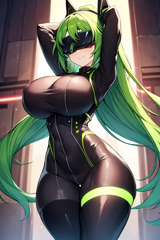 1girl, green hair, vr visors, visors, head-mounted display, ((covered eyes)), covered eyes, bodysuit, black bodysuit, science-fiction, machinery, futuristic, tech, neon, neon trim, large breasts, thick thighs, wide hips, swaying hips, hip sway, sway, arms behind back, arms up, smile, anime style, anime screencap, 2d