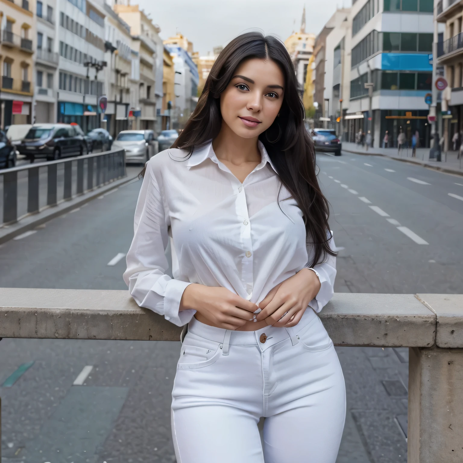 (Best quality, high resolution, ultra detailed: 1.2), HDR, vivid colors, beautiful brunette girl with long black hair, sexy, in a big luxury city, posing with her hands in her hair, on a bridge, tall buildings , stunning view, wears long white jeans, blue luxury shirt, modern tight fit, colorful summer clothes, cheerful expression, long loose hair, detailed face, blue eyes, carefree moments. Super detailed, high quality, Madrid city
