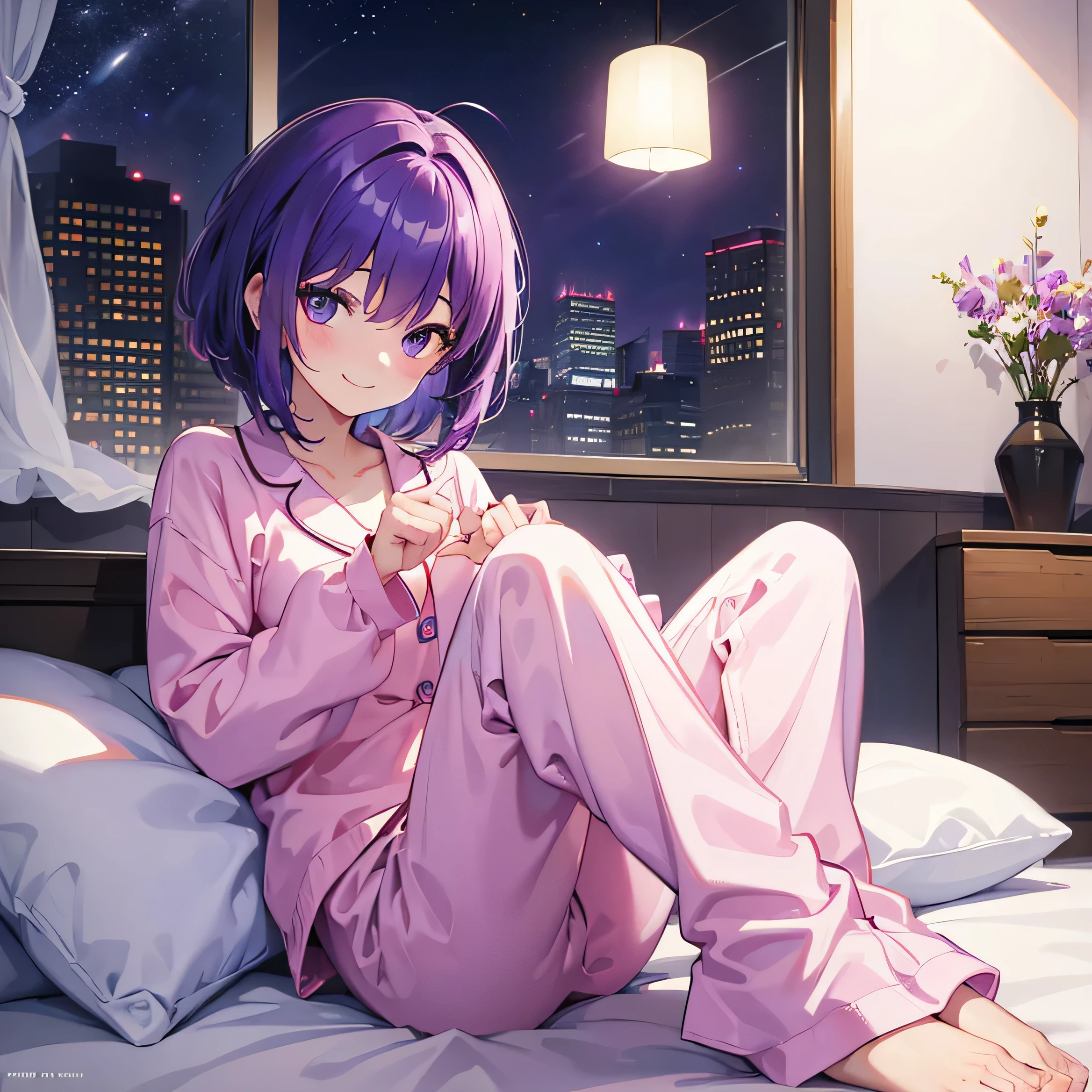 (T Masterpiece，4k wallpaper，Best Quality))、((girl１people))、(solo)、Bright and Brilliant，(Purple Hair)、(Shortcuts:1.3)、smile、Bedroom、pajamas、night