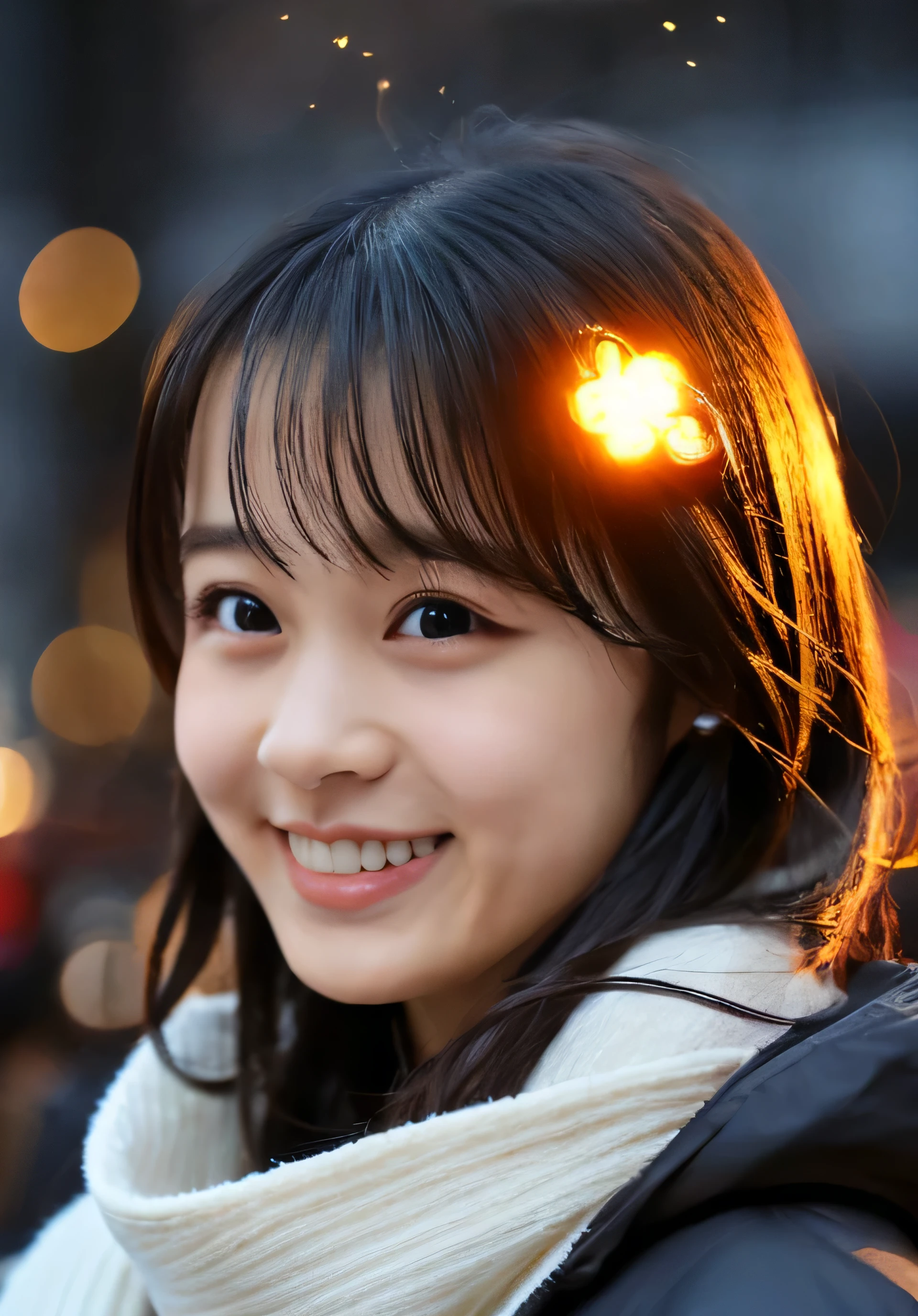 1 girl, (put on a coat:1.2), (RAW Photos, highest quality), (Realistic, Photorealistic:1.4), Tabletop, Very delicate and beautiful, Very detailed, 2k wallpaper, wonderful, finely, very detailed CG Unity 8k wallpaper, Very detailed, High resolution, Soft Light, Beautiful detailed girl, Very detailed目と顔, Beautiful and detailed nose, finely beautiful eyes, Cinema Lighting, Illuminations that light up the city on a snowy night, Snow Scene, that'it's snowing, Perfect Anatomy, tense air, Straight Long Hair, Looking at the audience, smile, Hokkaido serial murders, Disappearing into the Sea of Okhotsk, Tracking、Fluffy scarf、