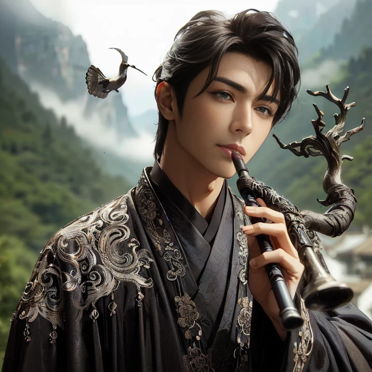 (Best Quality:1.2), (high resolution:1.2), (beautiful face and eye:1.2), (sharpest focus:1.2), (Ultra-realistic Photo:1.2), (Ultra-precise Photo:1.2), (Depth of field:1.2), (8k high resolution:1.2), (perfect anatomy:1.2), (nice hands:1.5),
(perfect hands:1.5), (Very young and masculine and dignified and beautiful Chinese male:1.5), (Beautiful nobleman:1.0), (A beautiful nobleman:1.0), (A shiny black hermit-like garment with fancy embroidery:1.0), (A gentle smile:1.3),
(Playing an iron flute:1.5), (A secluded hermit-like place deep in the mountains of China:1.0), (A mysterious fairyland:1.2), (Birds and animals gathered to listen to the sound of the flute:1.3), (Looking up angle:1.0),