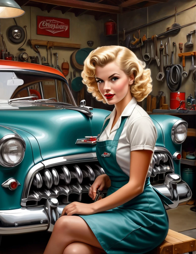 beautiful female mechanics wearing 1950s Car mechanic aprons and 1950s iconic short curly blonde hair, fixing a retro Chevy car, in an aesthetic 1950s garage, with an insanely detailed and intricate garage scene background, ultra sharp and crisp, photorealistic oil on canvas painting with vintage tools, masterpiece best high quality painting, trending on ArtStation