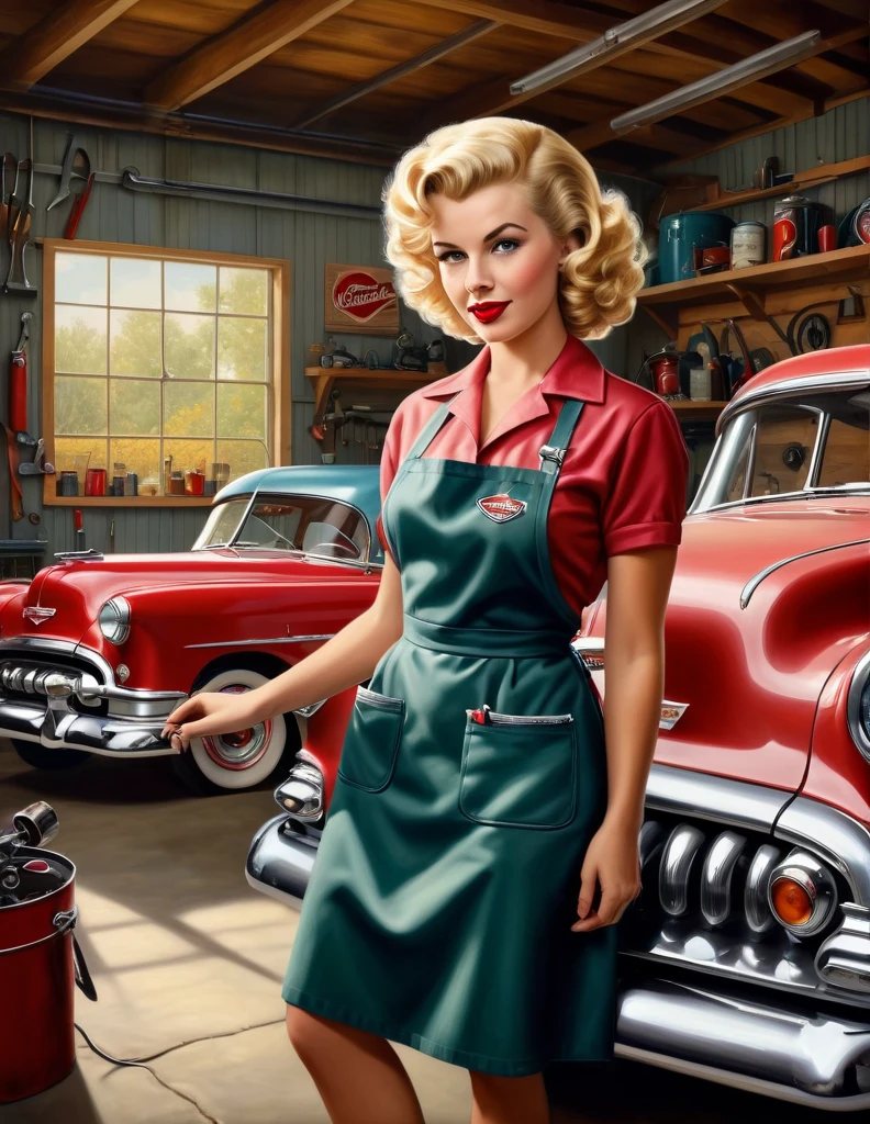 beautiful female mechanics wearing 1950s Car mechanic aprons and 1950s iconic short curly blonde hair, fixing a retro Chevy car, in an aesthetic 1950s garage, with an insanely detailed and intricate garage scene background, ultra sharp and crisp, photorealistic oil on canvas painting with vintage tools, masterpiece best high quality painting, trending on ArtStation