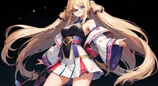 big . アニメのgirl. Anime style eyes. Setting picture. Perfect Eyes. alone. highest quality, simple_background,girl, woman, woman, young,20-year-old, Long Hair, Reverse hair, bangs, Blonde, 乱れたLong Hair, tooth, Glasses, Iriessy Hair、A composition that shows the whole body、