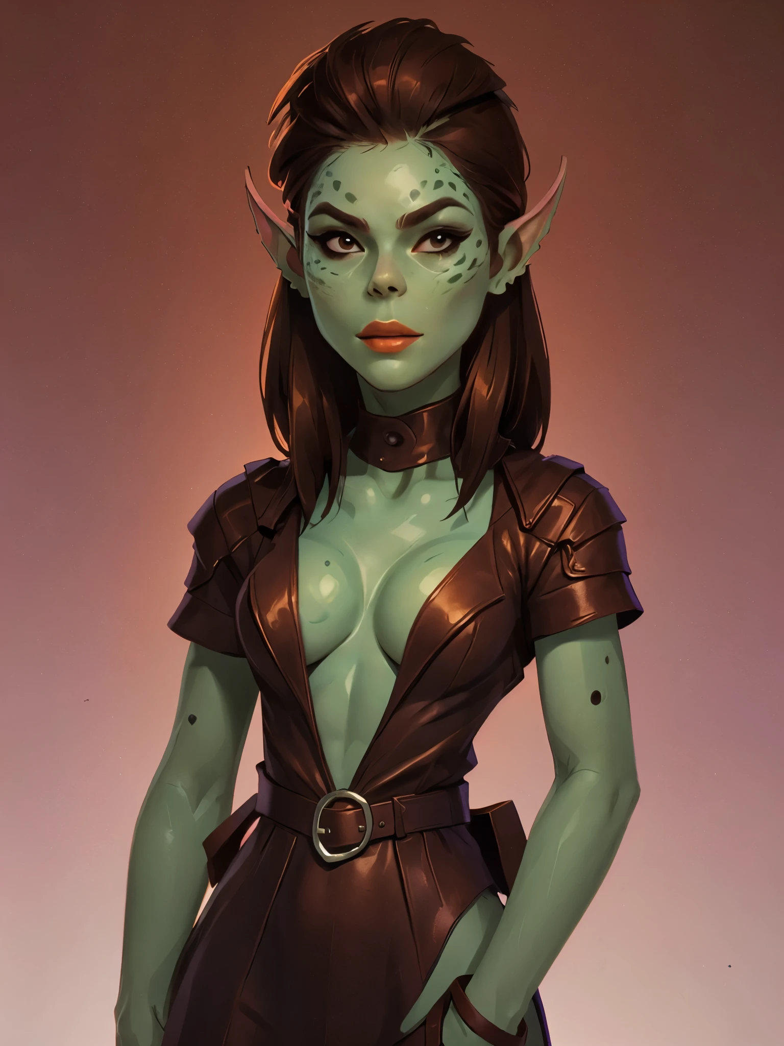 one githyanki girl, githyanki, (green skin pointy ears, long ears:1.3), solo, abs, slender body, (upper body, bust:1.2), black eyes, black hair, choker, (brown leather clothes, brown dress, tiny breasts, small breasts, male chest, cleavage:1.5), bare shoulders, belts, shoulder-belts, masterpiece, highly detailed, look at viewer, shiny blured orange background, gradient sprayed background, front view, gradient red purple background, blured background, glowing edges of image