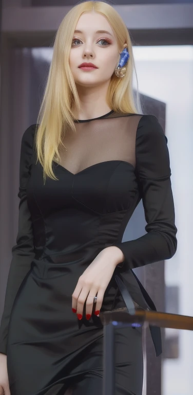 A girl wearing black dress with yellow hair