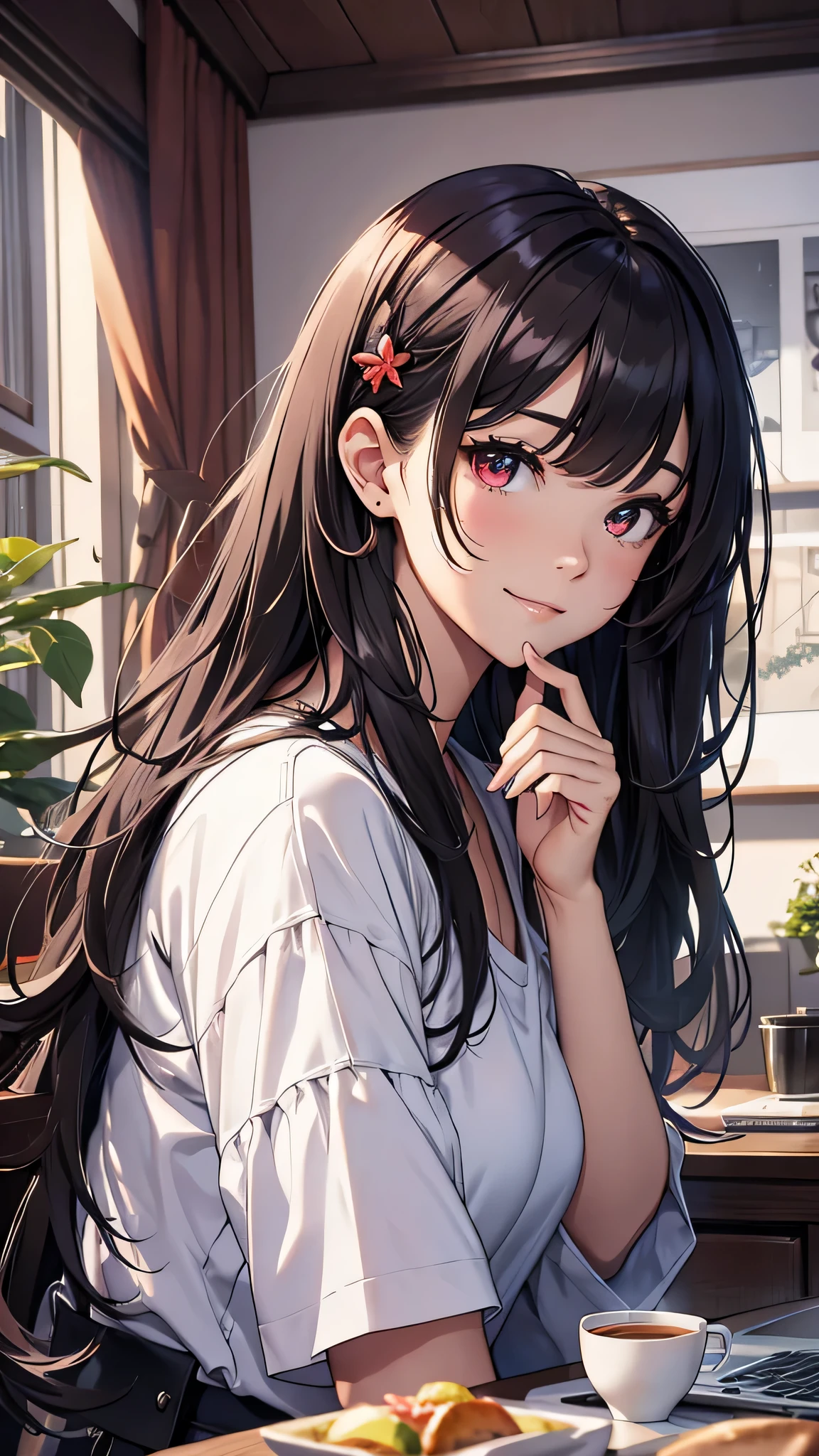 最high quality、Best image quality、masterpiece、girl((18-year-old、 By becoming、Best Bust、Medium Bust,Wide open breast tea、red glowing eyes, Black and red hair、Disheveled Hair、Long Hair、thin,The highest valley、Black open-neck short-sleeved shirt(1:2)、Open chest、White wristband、smile、Leaning forward、hair ornaments、have a laptop、Side angle、Lointail)),high quality、Beautiful art、background((White computer room、Coffee cup、line of light))、Flight、Flying debris、Written boundary depth、movie、Visual Arts、Perfect art、8K,Genuine、