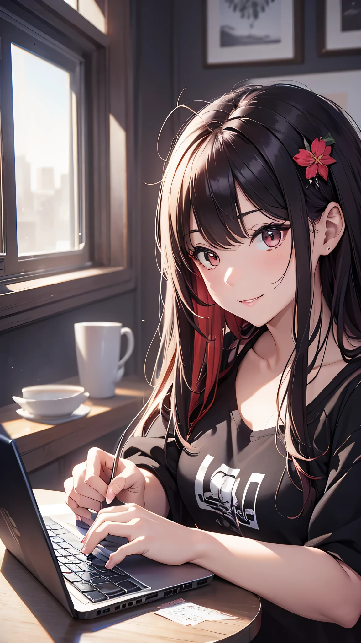 最high quality、Best image quality、masterpiece、girl((18-year-old、 By becoming、Best Bust、Medium Bust,Wide open breast tea、red glowing eyes, Black and red hair、Disheveled Hair、Long Hair、thin,The highest valley、Black open-neck short-sleeved shirt(1:2)、Open chest、White wristband、smile、Leaning forward、hair ornaments、have a laptop、Side angle、Lointail)),high quality、Beautiful art、background((White computer room、Coffee cup、line of light))、Flight、Flying debris、Written boundary depth、movie、Visual Arts、Perfect art、8K,Genuine、
