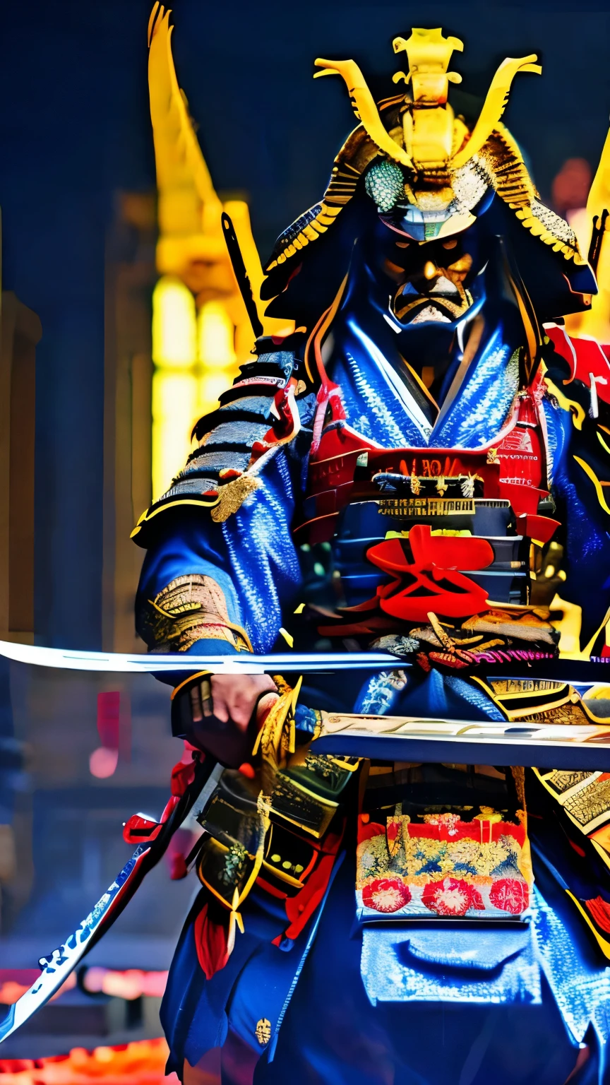 Samurai holding a sword with both hands above his head、scary face、Devilish face、delicate、High resolution、8k