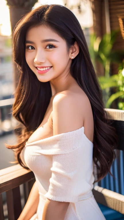 Realistic, Ultra detailed, High Resolution, Prefect Anayomy, Masterpiece, Amazing work, Beautifull Indonesian girl, 20 years old, white skin, long triangle face, chubby cheeks, pink lips, soft laughing, long black hair with ponytail and bangs, huge breasts, slim waist, wearing white off shoulder knit dress, background : sunset, sitting on aesthetic wooden chair,cafe terrace