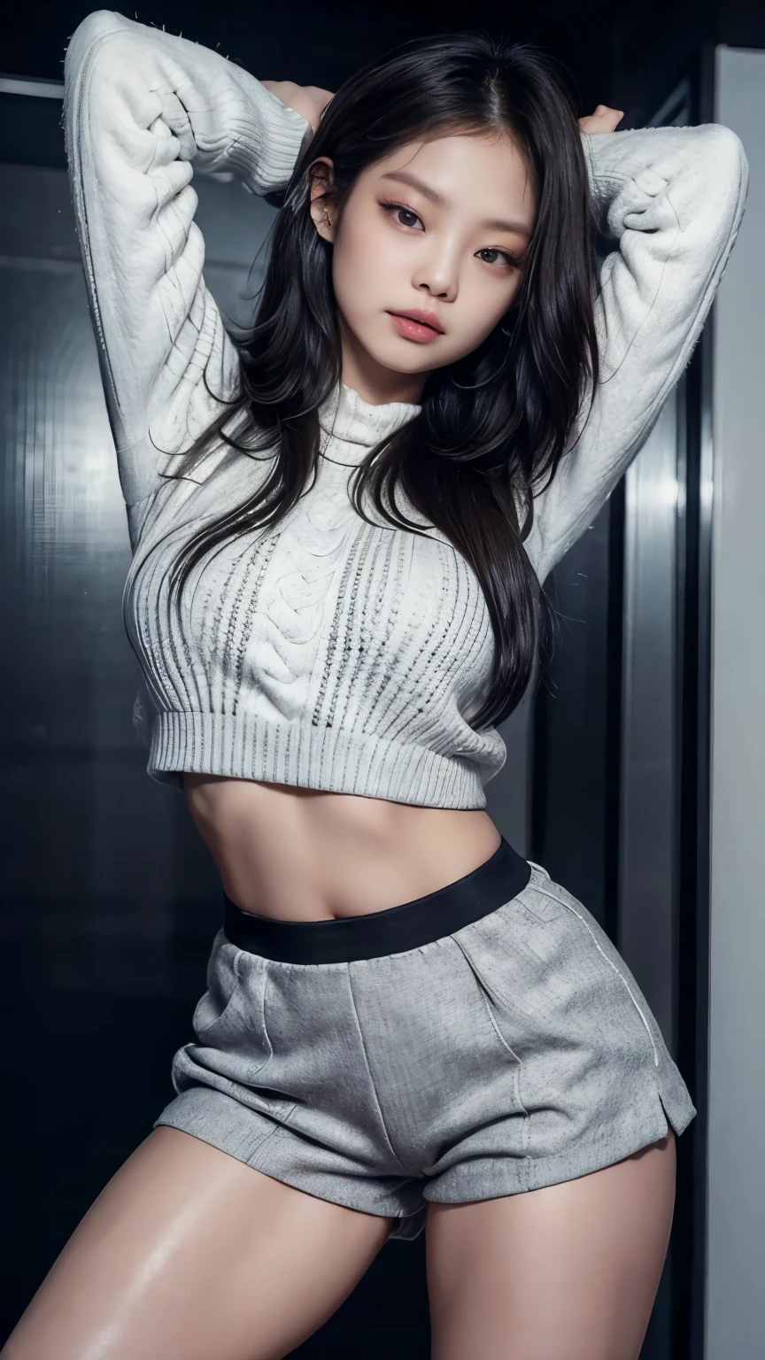 Kim Jennie, wearing a gray sweater, wearing black and white hot pants, sexy pose, showing off the beauty of her body, my wife,