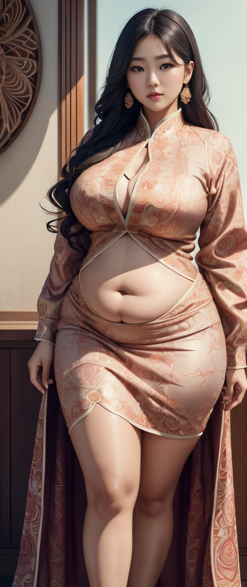1girll, Solo,Red cowboy shooting, (Jacket set), From the top, (zentangle, mandalas, Tangled, Winding), (Lingxiaohua: 1.2) offcial art, Unified 8k wallpaper, super detailing, Aesthetics, Masterpiece, Best quality, Realistic.Korean goddess fat plus size model,(Kpop idol)(((nene tanaka sexy girl))),,Fat、(plus-sized)woman model,(),(A bulging belly),,((())),(Large size elegance),,Weigh more than 100 pounds,(Fresh sunshine),Vivid colors,Three-dimensional。(((full bodyesbian))),(Meticulous depiction),(Natural and vivid),Highlight the cuteness and charm of big fat girls,It's a reverie。Soft and plump belly ,very sexy outfit,Precise anatomy,The whole picture is like a detailed realistic CG rendering,The highest image quality will make you unforgettable。longest dress , chubby cheeks