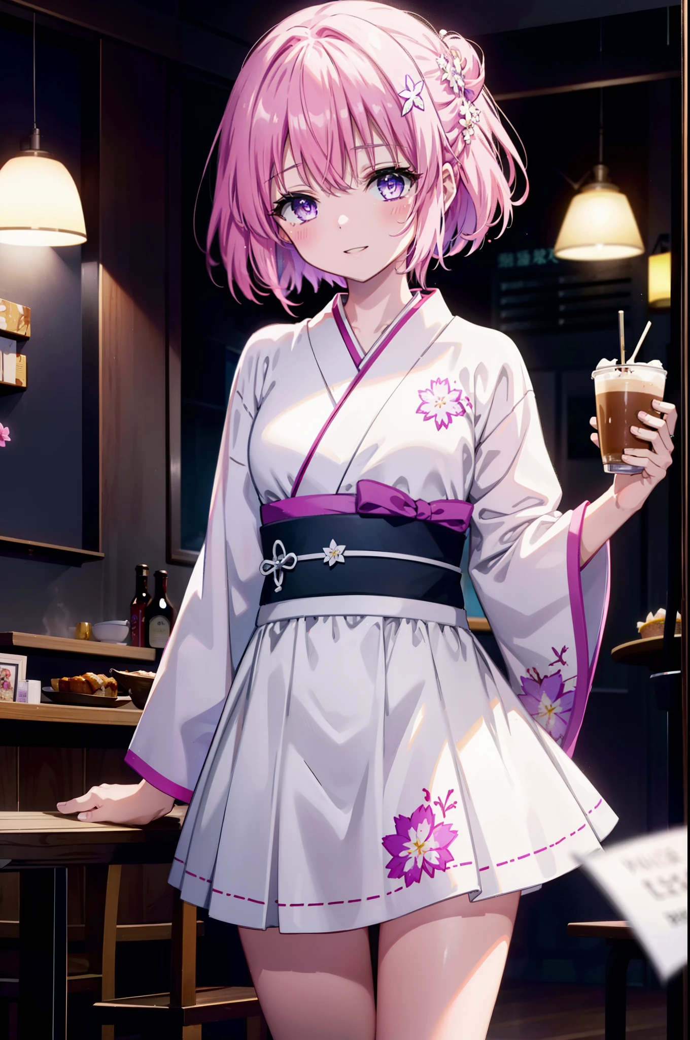 Momodeviluke, Deviluke type, demon tail, Hair Flowers, hair ornaments, (Purple eyes:1.1), Pink Hair, short hair, tail, smile,
break demon tail, Long Hair,happy smile, smile, Open your mouth,blush,Idol-style white kimono,long furisode,White ,White tights,Zori sandals,tray, tray in one hand,A beautiful waitress with Long Hair comes to the table to take our order,As if your whole body is in the illustration,
break looking at viewer, (Cowboy Shot:1. 5)
break indoors, coffee shop, 
break (masterpiece:1.2), highest quality, High resolution, unity 8k wallpaper, (figure:0.8), (beautiful detailed eyes:1.6), extremely detailed face, Perfect lighting, extremely detailed CG, (Perfect hands, Perfect ),