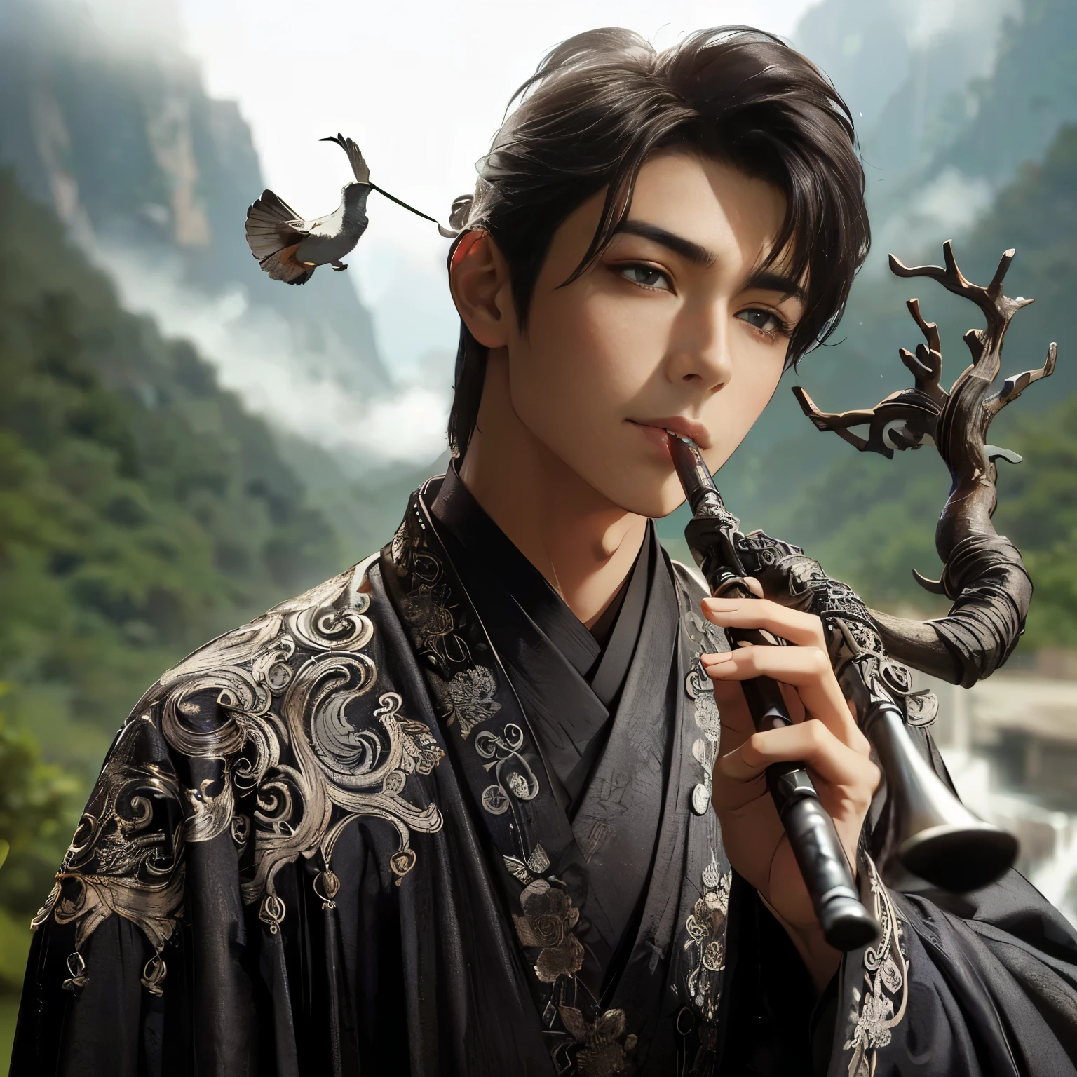 (Best Quality:1.2), (high resolution:1.2), (beautiful face and eye:1.2), (sharpest focus:1.2), (Ultra-realistic Photo:1.2), (Ultra-precise Photo:1.2), (Depth of field:1.2), (8k high resolution:1.2), (perfect anatomy:1.2), (nice hands:1.5),
(perfect hands:1.5), (Very young and masculine and dignified and beautiful Chinese male:1.5), (Beautiful nobleman:1.0), (A beautiful nobleman:1.0), (A shiny black hermit-like garment with fancy embroidery:1.0), (A gentle smile:1.3),
(Playing an iron flute:1.5), (A secluded hermit-like place deep in the mountains of China:1.0), (A mysterious fairyland:1.2), (Birds and animals gathered to listen to the sound of the flute:1.3), (Looking up angle:1.0),