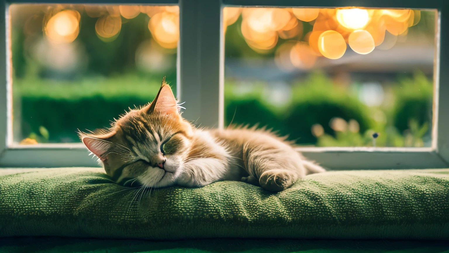 A cute little kitten sleeping comfortably by the window, a newborn cat, the green of the garden in the background, it is dusk and the garden in the background is tinted with sunset colors, the whole body is in the middle of the picture angle