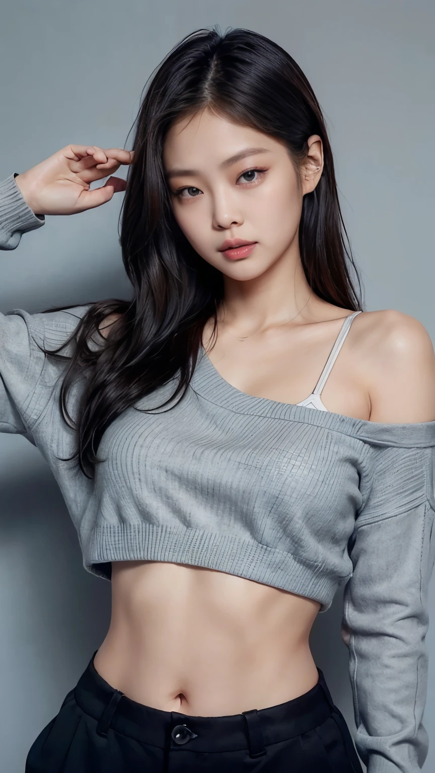 Kim Jennie, wearing a gray sweater, bra strap was slightly visible , wearing black hot pants, sexy pose, showing off the beauty of her body, my wife,