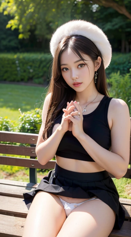 1 female、Black Russian hat、black cossack hat、Long black Ushanka、Black fur ushanka、(Super beautiful)、(Beautiful Face:1.5)、(Please sit down:1.4)、(Shooting from above the knee)、(Detailed face:1.5)、(Detailed Eyes:1.2)、(Lips Detail:1.2)、(Detailed nose:1.2)、(Use both hands to lift up your skirt、expose panties.:1.8)、Spread your legs、Provocative pose、(Black tank top:1.5)、(Black Mini Skirt:1.3)、(White thin tiny string panties:1.5)、(Compensate:1.1)、(Blonde Long Hair)、(garden)、(At SFW:1.6)、(morning:1.4) 、Photo quality、Surreal、Photo-realistic face、Realistic body、Fine skin texture、super high quality、Sitting on a bench