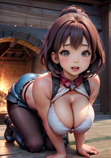 masterpiece, highest quality, Super detailed, High resolution, High resolution, Very detailed, Very detailed肌, Beautiful eyes in every detail, (Beautiful face in every detail), Very detailed background, 1 Japanese girl, 18-year-old, Only the upper body is visible, View your viewers, Dynamic pose, Round face, Laughter, Plump body, short hair, Huge breasts, Narrow waist, Big Hips, Tank top, pantyhose, Military boots, on the volcano