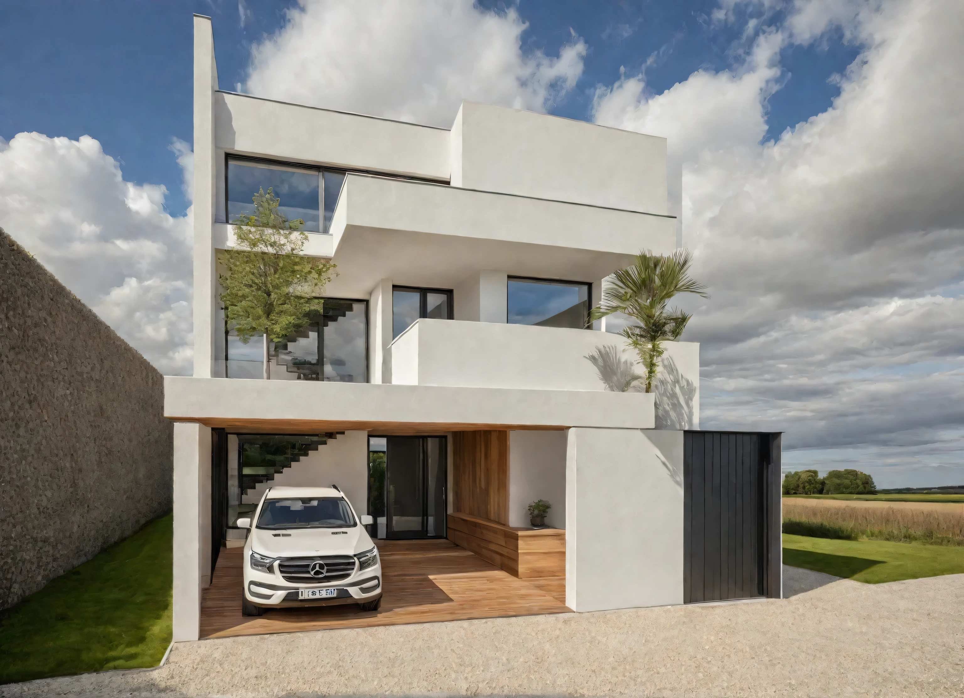 Exterior of the house, style contemporain, mur blanc, Mur de bois, porte en bois, window, (Realistic:1.2), chef-d'artwork, high quality, best quality, authentique, Great detail, en plein air,route,pavement, herbe, des arbres, ciel, nuage, (day light:1.1)
