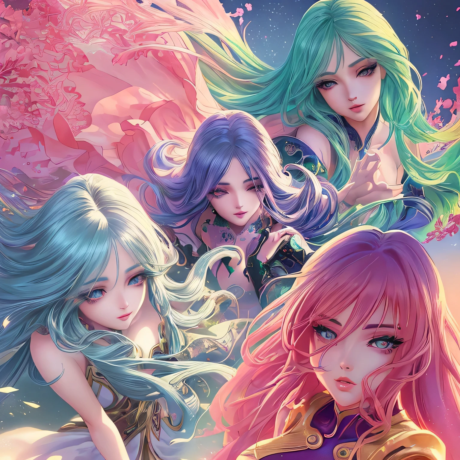 beautiful detailed eyes,beautiful detailed lips,extremely detailed eyes and face,longeyelashes,anime style,girls,artistic rendering,vibrant colors,bright lighting,ultra-detailed,hair blowing in the wind,flowing dresses,playful poses,colorful backgrounds