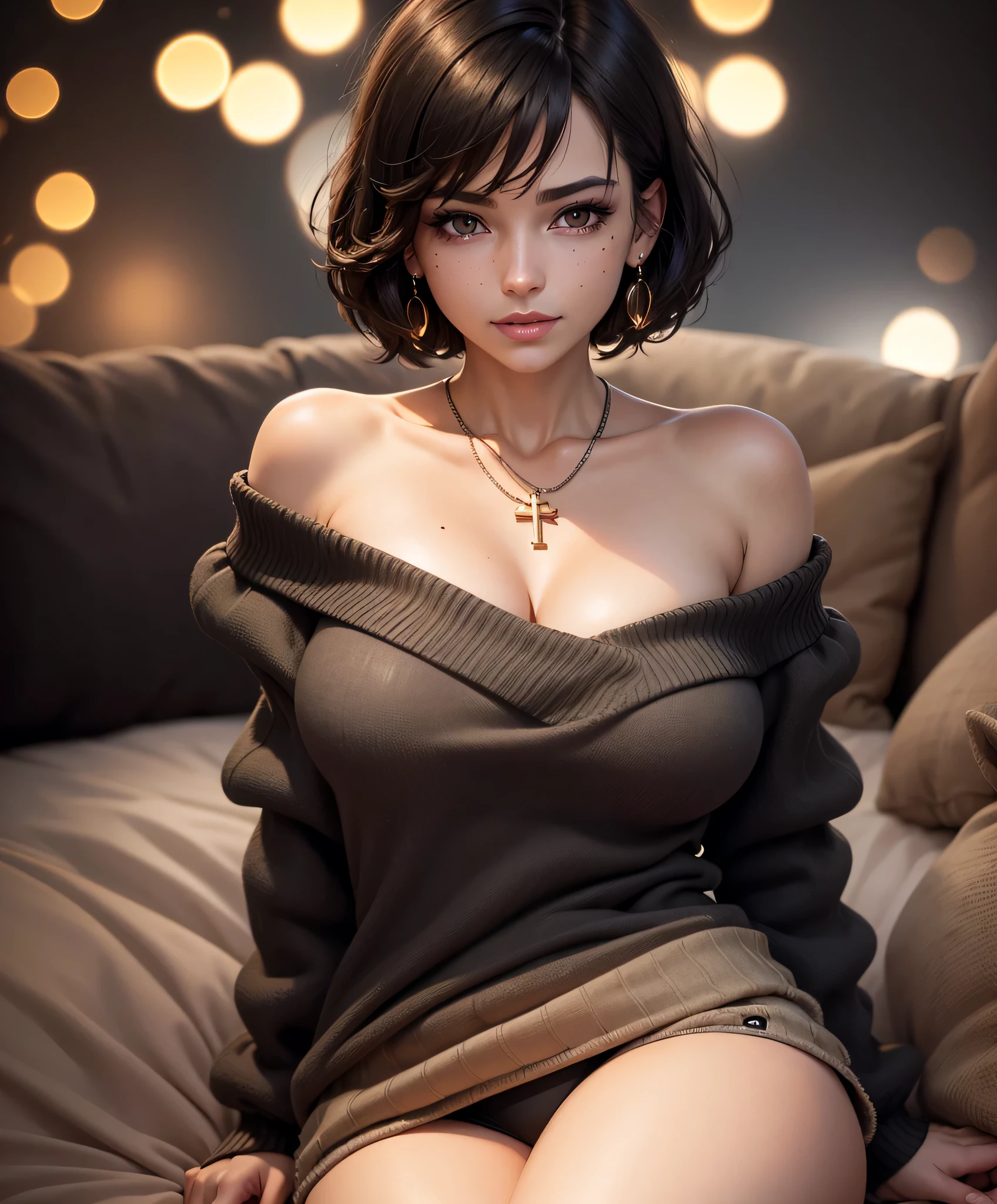 (short hair woman), (off-shoulder sweater, oversized sweater), (hiden short pants), (cross-legged sitting, hands lying on thighs), on bed, medium breasts, deep cleavage, best quality, masterpiece, illustration, very delicate and beautiful, very detailed skin, CG, Unity, 8K wallpapers, amazing, fine detail, highly detailed CG Unity 8K wallpapers, huge file size, high resolution, handsome detailed woman, very detailed eyes and face, Stunning detailed eyes, light on the face, (Best illustration: 1.1), (best shadow: 1.1), ultra high resolution, (photorealistic: 1.1), (photorealistic 1.2:1.1), realistic face proportions,slim,smile,(fluffy black eyes: 1.21), black eyes, looking at the viewer, dark brown hair, earrings, necklaces, hairpins, full body shots, (irregular skin imperfections,veins,moles,skin wrinkles,pores: 1.2), (dark night background: 1.2), (bokeh: 1.4),