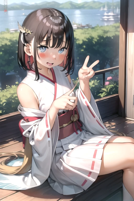 One girl, alone, View your viewers, blush, smile, short hair, Open your mouth, bangs, blue eyes, skirt, brown hair, Long sleeve, holising, stanising, :is, outisoors, kimono, isay, wiise sleeves, kimono, two siise up, wood, isutch angle, leaf, feather, Similarly, rope, Similarly skirt, We say, white kimono, Miko, reis Similarly, shrine,, masterpiece, highest quality, highly isetaileis