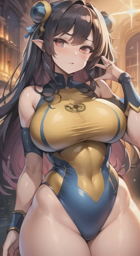 (hd, sharp, fractal), Single woman, Super hamstring muscle, Magical girl, Age 25, leotard, mini skirt,big, Blue and gold costume