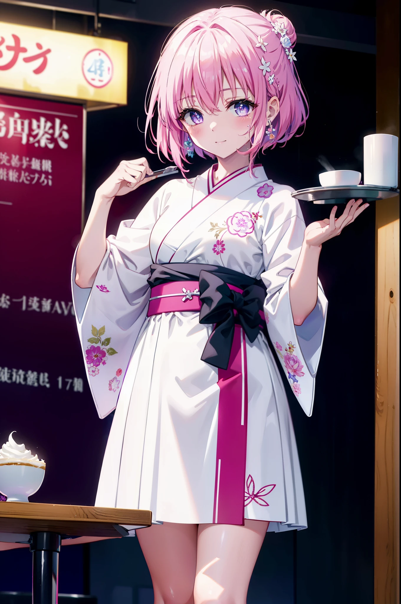 Momodeviluke, Deviluke type, demon tail, Hair Flowers, hair ornaments, (Purple eyes:1.1), Pink Hair, short hair, tail, smile,
break demon tail, Long Hair,happy smile, smile, Open your mouth,blush,Idol-style white kimono,long furisode,White Mini Skirt,White tights,Zori sandals,tray, tray in one hand,A beautiful waitress with Long Hair comes to the table to take our order,As if your whole body is in the illustration,Daytime,Clear skies,
break looking at viewer, (Cowboy Shot:1. 5)
break indoors, coffee shop,
break (masterpiece:1.2), highest quality, High resolution, unity 8k wallpaper, (figure:0.8), (beautiful detailed eyes:1.6), extremely detailed face, Perfect lighting, extremely detailed CG, (Perfect hands, Perfect Anatomy),