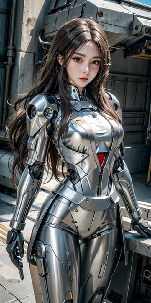 Realistic, High resolution, Soft Light,1 Female, alone, Hip Up, (Detailed face), Long Hair, mecha musume, Machinery Parts, robot joints, The whole body of the robot