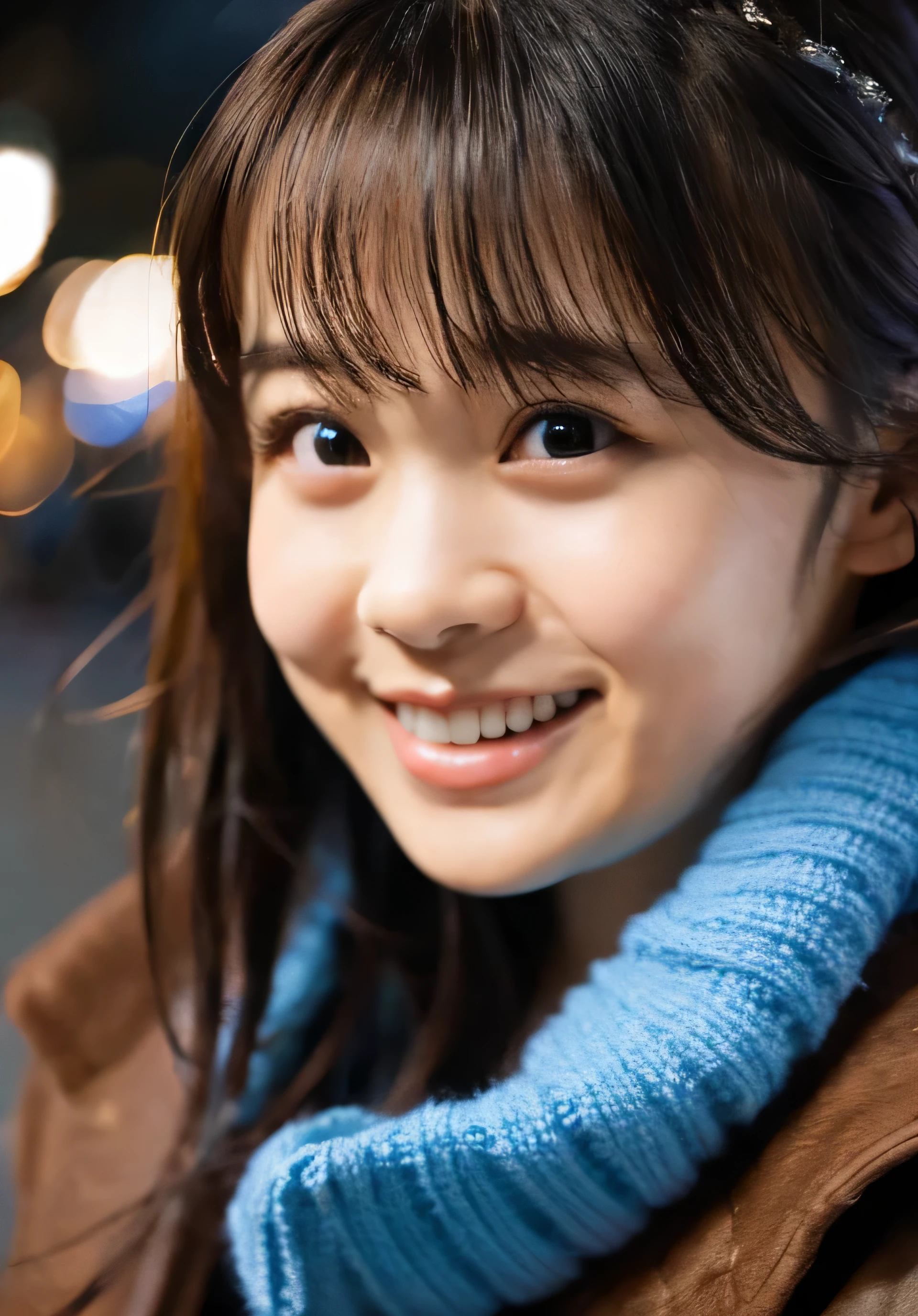 1 girl, (put on a coat:1.2), (RAW Photos, highest quality), (Realistic, Photorealistic:1.4), Tabletop, Very delicate and beautiful, Very detailed, 2k wallpaper, wonderful, finely, very detailed CG Unity 8k wallpaper, Very detailed, High resolution, Soft Light, Beautiful detailed girl, Very detailed目と顔, Beautiful and detailed nose, finely beautiful eyes, Cinema Lighting, Illuminations that light up the city on a snowy night, Snow Scene, that&#39;it&#39;s snowing, Perfect Anatomy, tense air, Straight Long Hair, Looking at the audience, smile, Hokkaido serial murders, Disappearing into the Sea of Okhotsk, Tracking、Fluffy scarf、