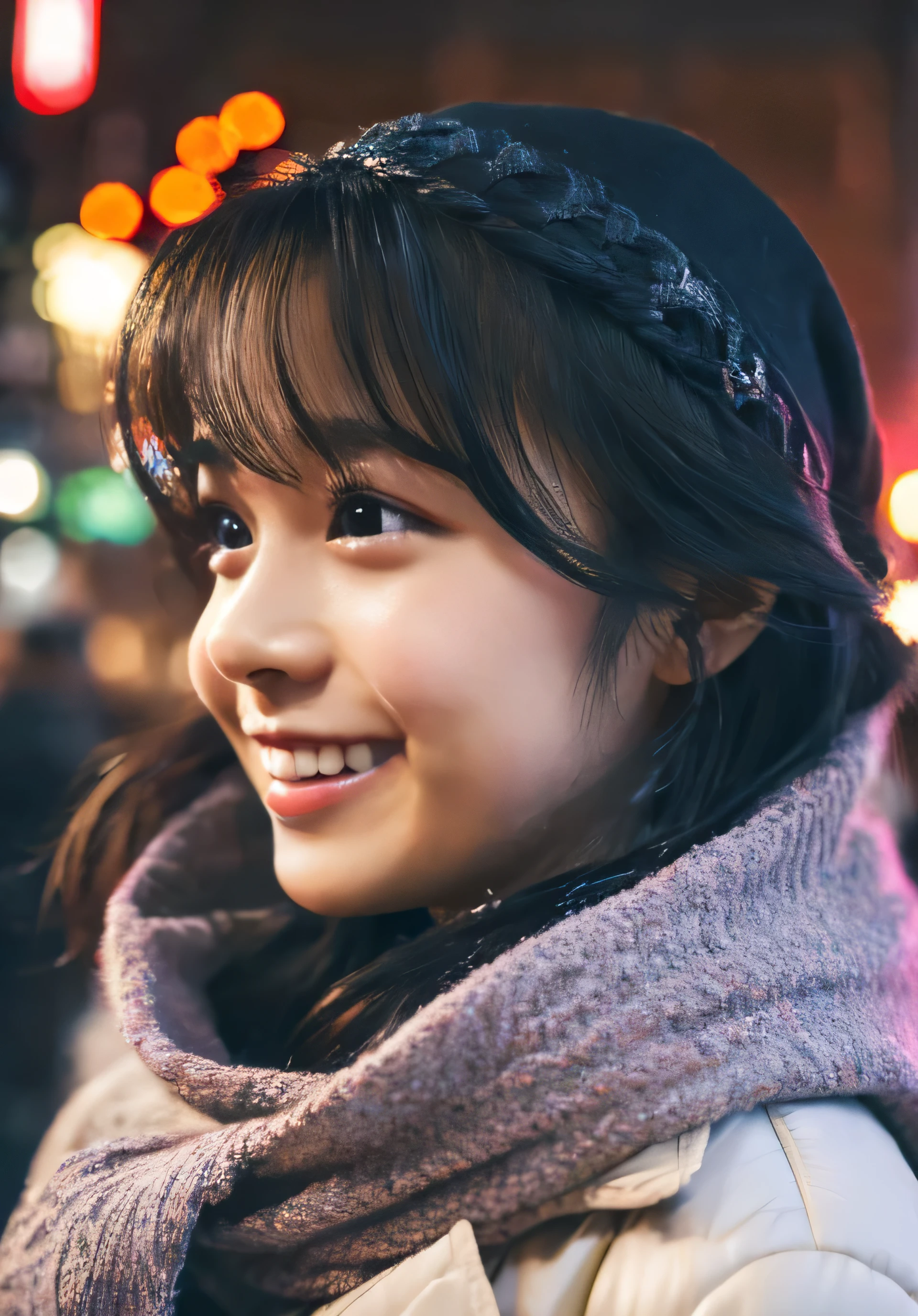 1 girl, (put on a coat:1.2), (RAW Photos, highest quality), (Realistic, Photorealistic:1.4), Tabletop, Very delicate and beautiful, Very detailed, 2k wallpaper, wonderful, finely, very detailed CG Unity 8k wallpaper, Very detailed, High resolution, Soft Light, Beautiful detailed girl, Very detailed目と顔, Beautiful and detailed nose, finely beautiful eyes, Cinema Lighting, Illuminations that light up the city on a snowy night, Snow Scene, that&#39;it&#39;s snowing, Perfect Anatomy, tense air, Straight Long Hair, Looking at the audience, smile, Hokkaido serial murders, Disappearing into the Sea of Okhotsk, Tracking、Fluffy scarf、