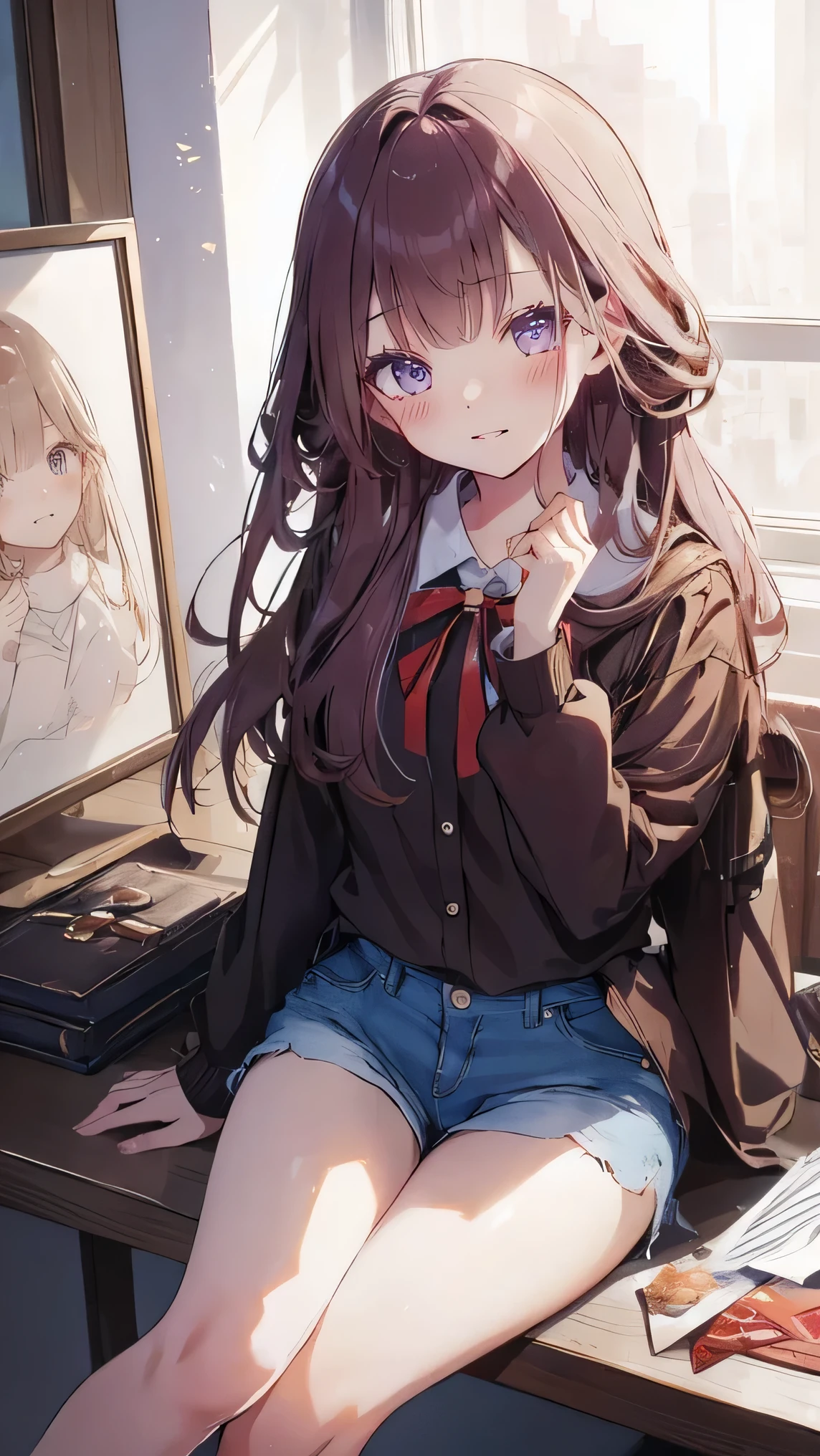 Masterpiece、Highest quality、highest quality、 ((panic))、Shiny hair quality、Small face、Sitting、Super detailed and beautiful bright eyes、Ultra-detailed, clear and beautiful faces、(cute illustration:1.2), High-resolution, ultra-detailed, best quality, embarrassed、(cute underwear)、(Gaps in shorts)