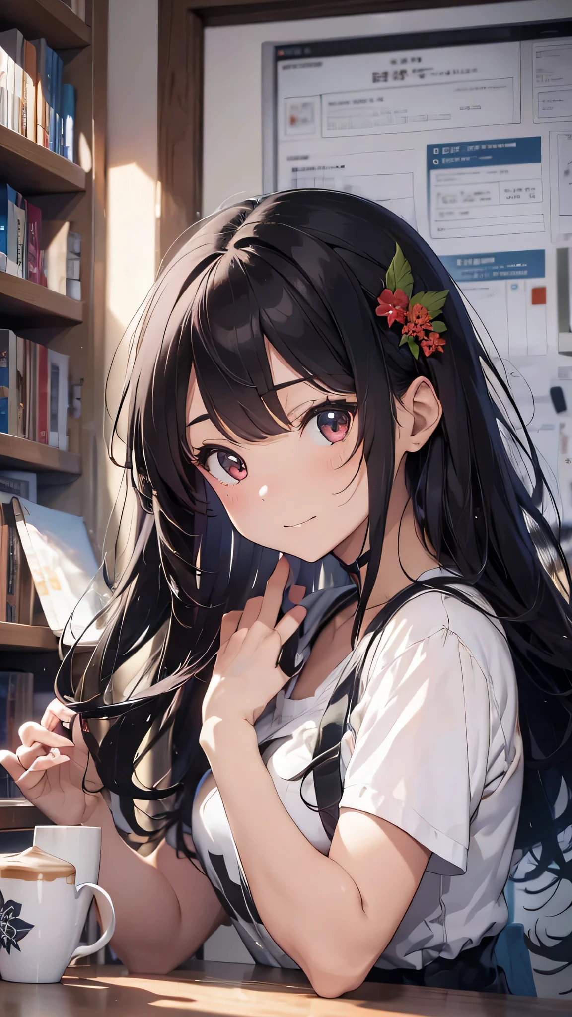 最high quality、Best image quality、masterpiece、girl((20-year-old、 By becoming、Best Bust、Medium Bust,Wide open breast tea、red glowing eyes, Black and red hair、Disheveled Hair、Long Hair、thin,The highest valley、Black open-neck short-sleeved shirt(1:2)、Open chest、White wristband、smile、Leaning forward、hair ornaments、have a laptop、Side angle、Lointail)),high quality、Beautiful art、background((White computer room、Coffee cup、line of light、Whiteboard、graffiti))、Flight、Flying debris、Written boundary depth、movie、Visual Arts、Perfect art、8K,Genuine、