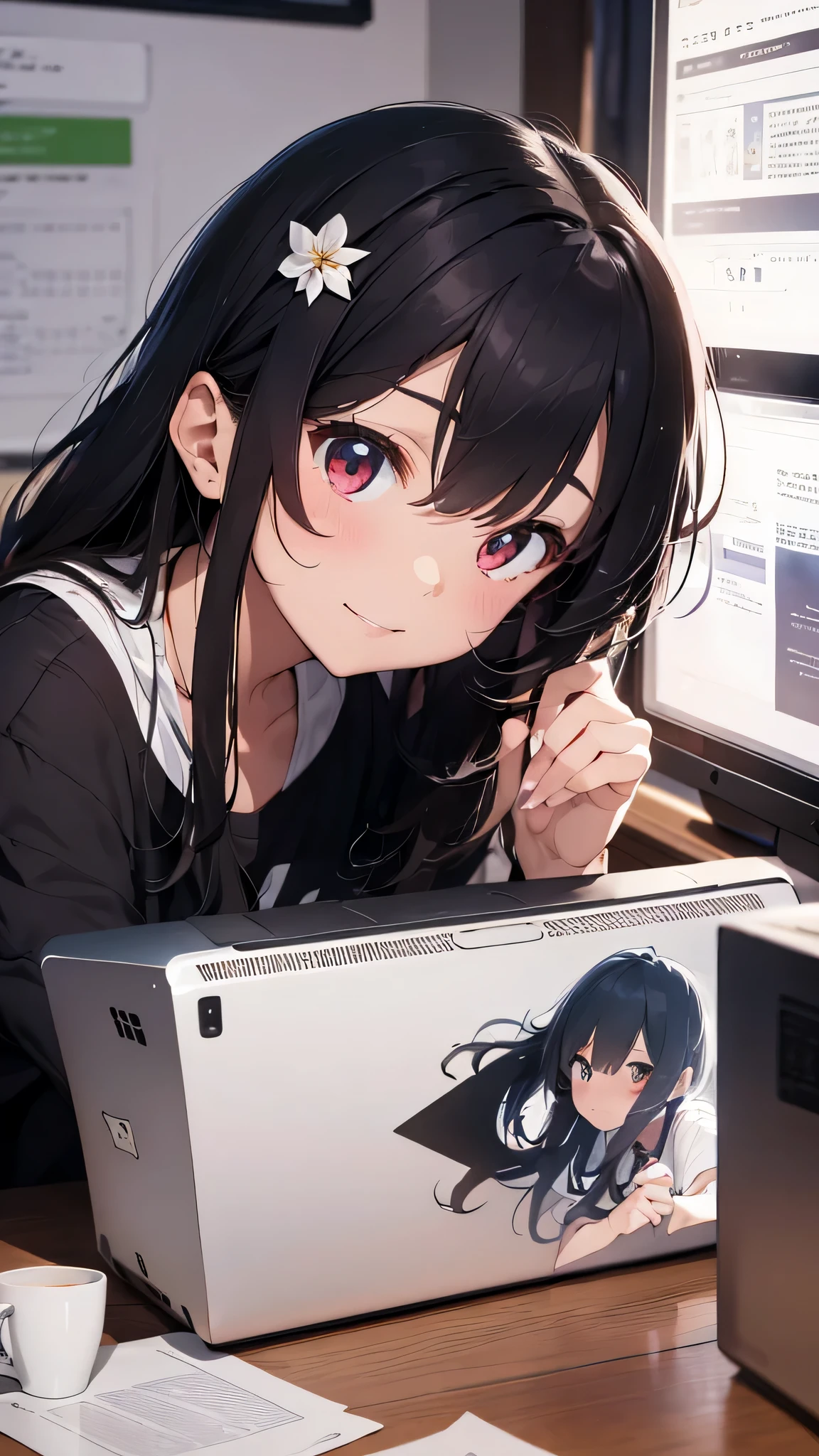 最high quality、Best image quality、masterpiece、girl((20-year-old、 By becoming、Best Bust、Medium Bust,Wide open breast tea、red glowing eyes, Black and red hair、Disheveled Hair、Long Hair、thin,The highest valley、Black open-neck short-sleeved shirt(1:2)、Open chest、White wristband、smile、Leaning forward、hair ornaments、have a laptop、Side angle、Lointail)),high quality、Beautiful art、background((White computer room、Coffee cup、line of light、Whiteboard、graffiti))、Flight、Flying debris、Written boundary depth、movie、Visual Arts、Perfect art、8K,Genuine、