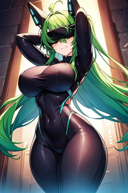 1girl, green hair, vr visors, visors, head-mounted display, ((covered eyes)), covered eyes, bodysuit, black bodysuit, science-fiction, machinery, futuristic, tech, neon, neon trim, large breasts, thick thighs, wide hips, swaying hips, hip sway, sway, arms behind back, arms up, smile,, anime screencap, anime style, 2d