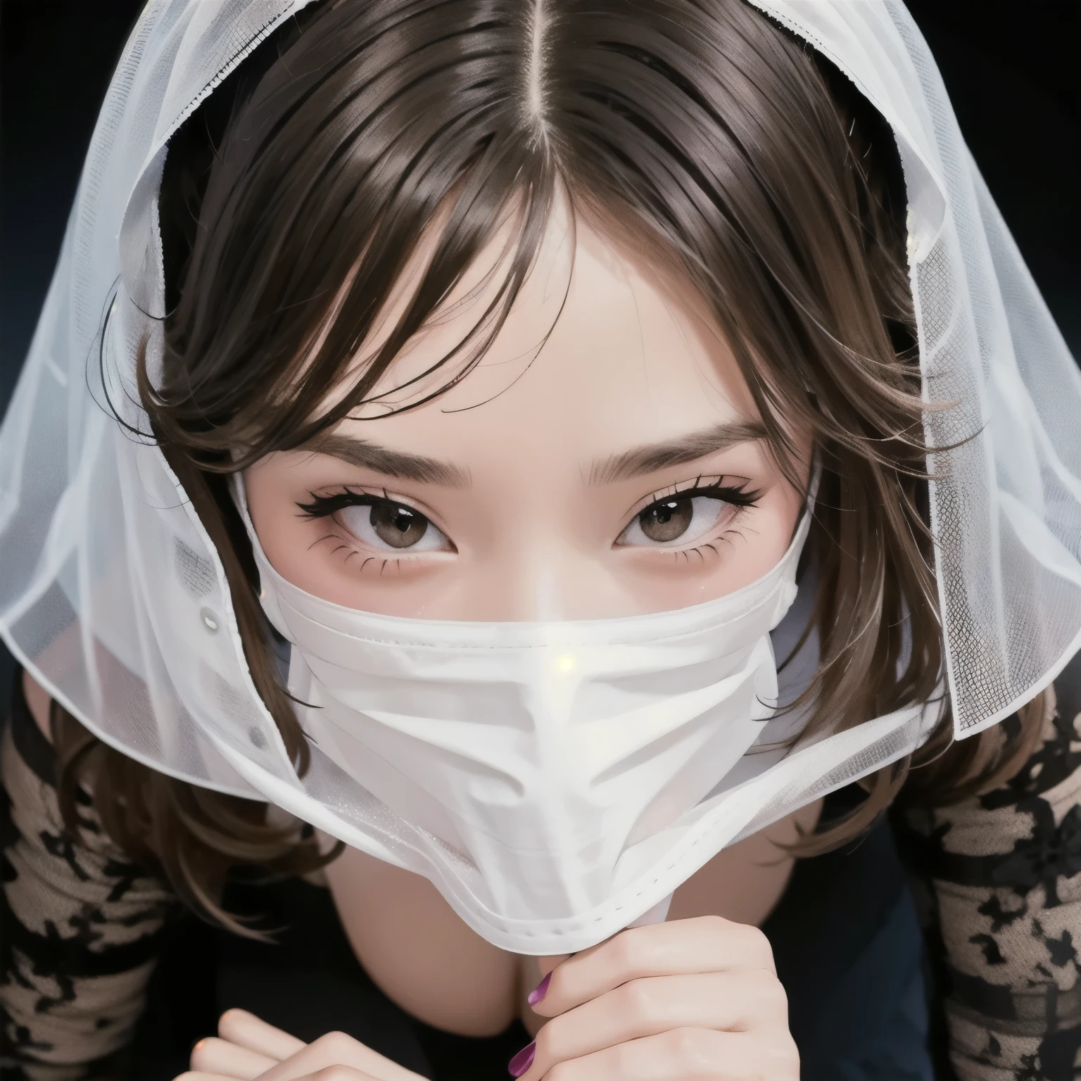 (masterpiece, best quality:1.2), 1girl, pov, fellatio_under_mask,mask, semi-translucent veil, face closeup, from above