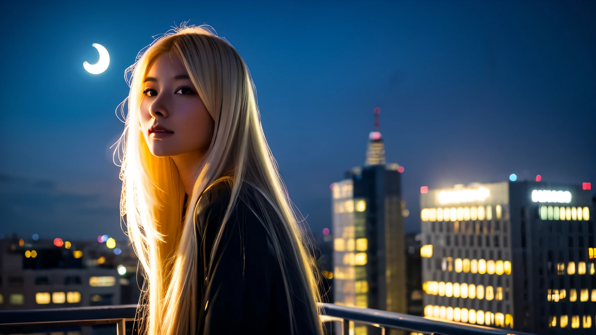blonde oriental girl with long hair on top of a building watching the moon
