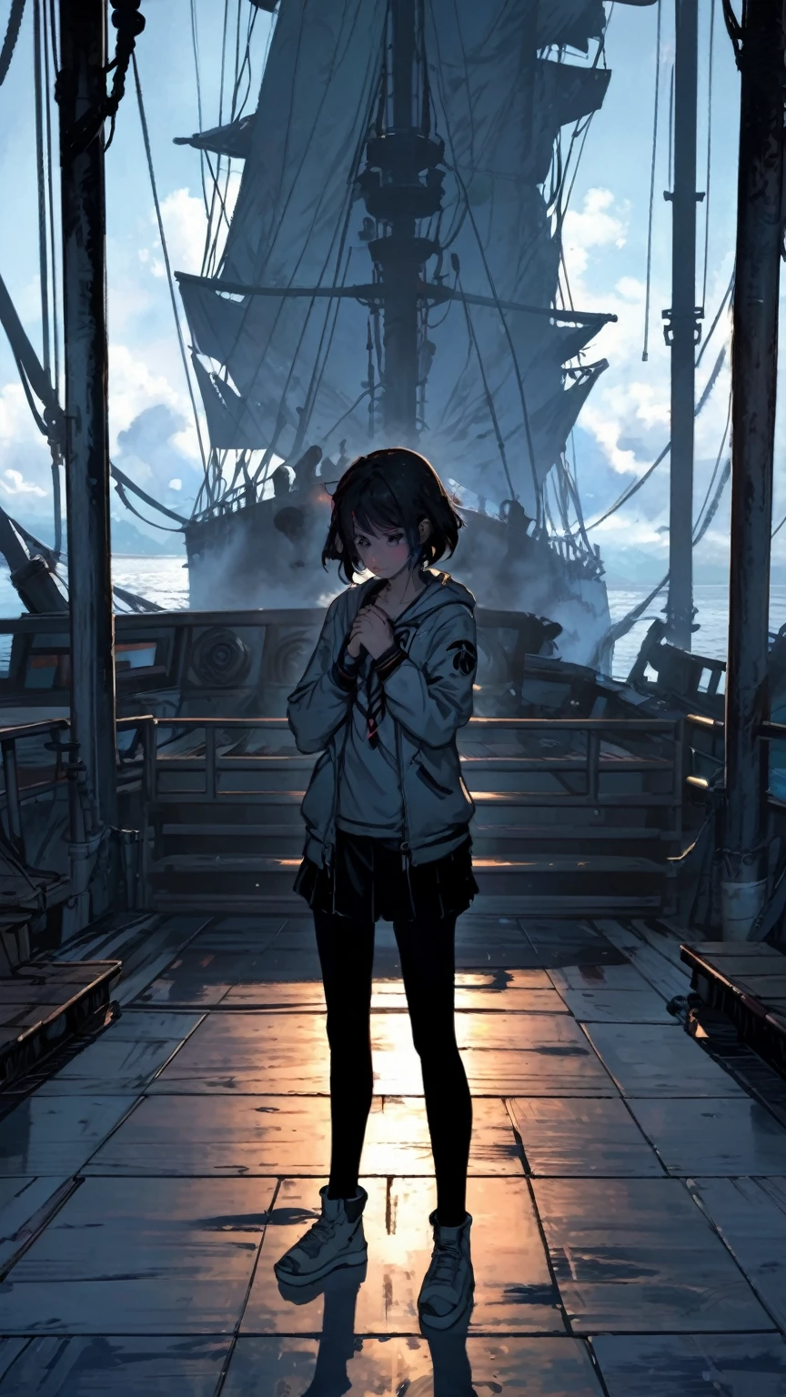  The protagonist stands alone on the deck, eyes closed and fists clenched. A calming aura surrounds them as they take a deep breath and refocus. Determination returns to their eyes.