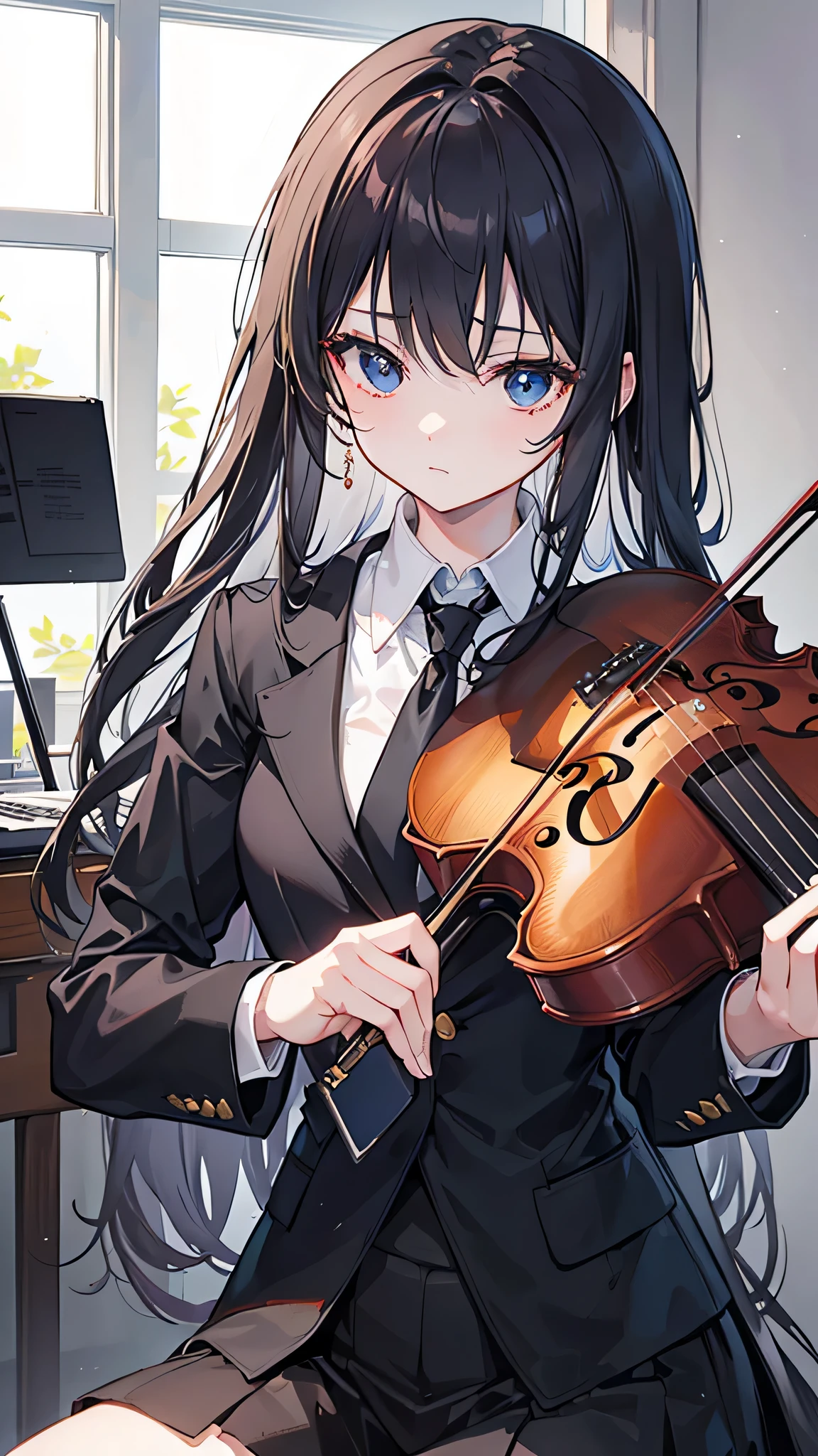 Imagine a pristine 8k anime-style illustration, a masterpiece of detail and artistry, featuring a female violinist in her music . She's the picture of elegance in a sharp black blazer paired with a crisp white blouse, set off by a necktie adorned with musical notes. Her long hair is styled neatly, complementing the formality of her ensemble.
She is captured in the midst of a soul-stirring performance within a practice room at the music school. Sunlight streams through the windows, casting a natural spotlight that enhances her focused expression and the gentle grasp of her violin and bow.
Every element, from the subtle textures of her clothing to the intricate wood grain of the violin, is rendered in high fidelity, conveying not just the visual splendor of the scene but the deep concentration and passion of the musician. The setting around her is minimal but thoughtfully composed, allowing the viewer to almost hear the beautiful strains of music that fill the sunlit room.