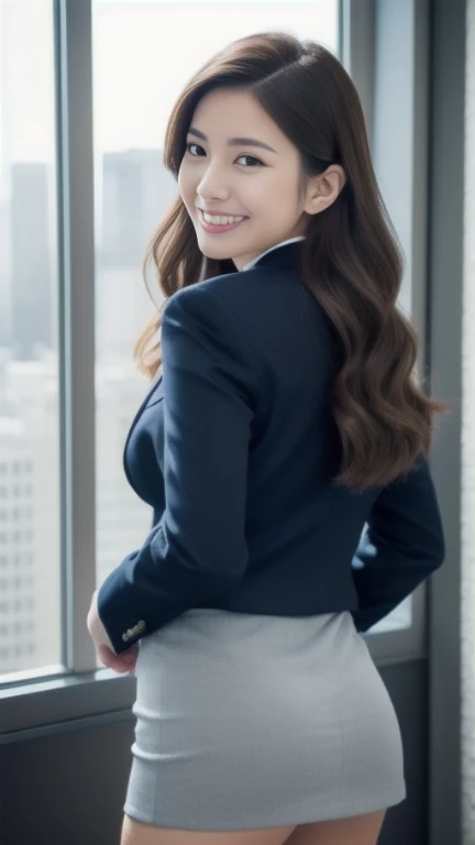 (Show your butt to the camera:1.5)Beautiful Girl, Brown hair, Long hair, (Curly hair), (((Underwear panties that change color every time))), (((Very sweet smile))), looking at the viewers, (((Lift the hem of the skirt, Lift the hem of the skirt with both hands, Lift the hem of the skirt yourself))), (((Gray business suit))), (businesswoman) ((of the highest quality, 16 K, masutepiece: 1.3)), 1 girl, Light on Face, hyperdetailed face, very detailed lips, Detailed eyes, Realistic pupils, City Street