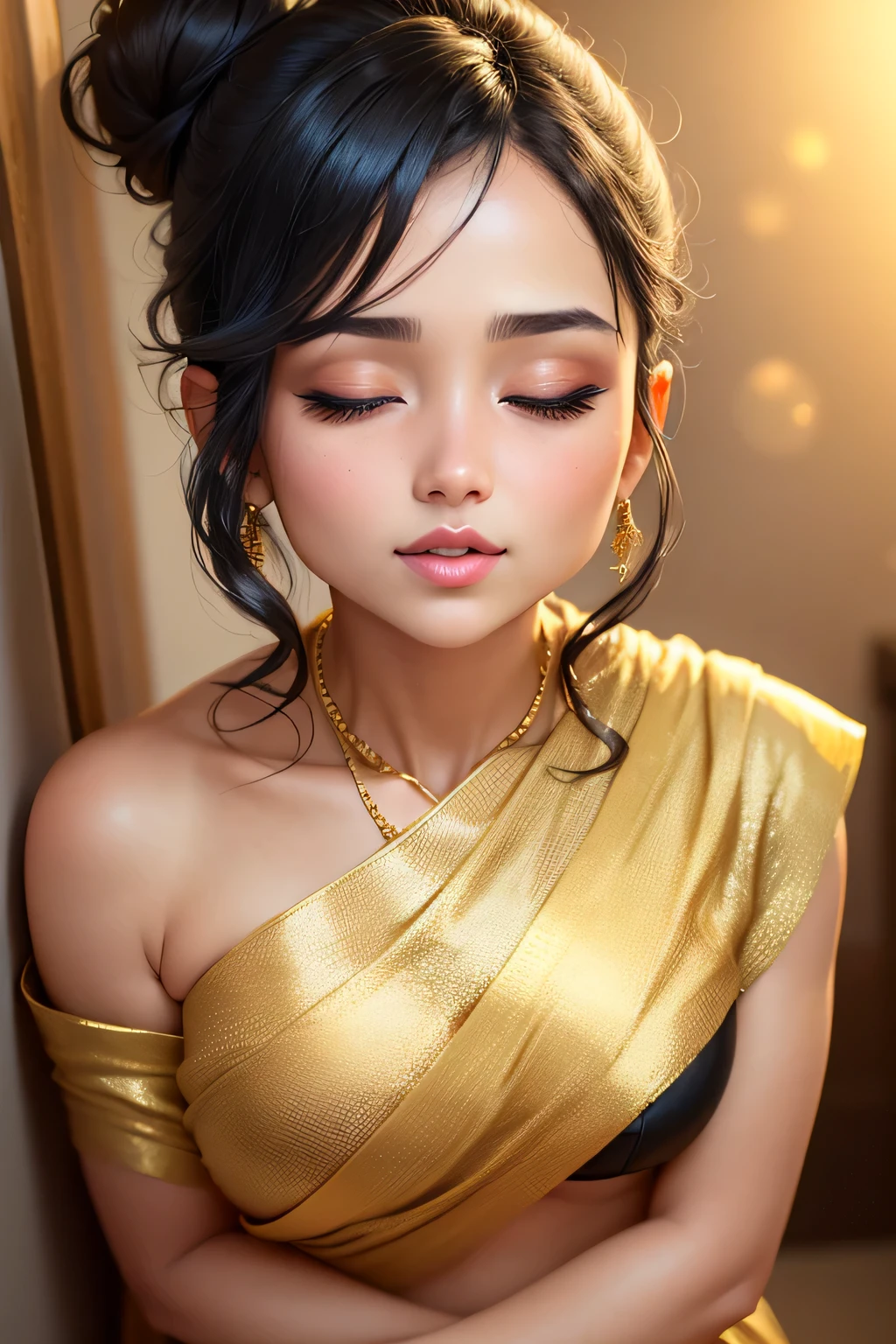 Sexy woman, black hair tied in a bun, smokey eyes, eyeliner, blushing intensely, fairest skin, plump face, soft lips, gold blouse, white saree with gold borders, pinned against a wall