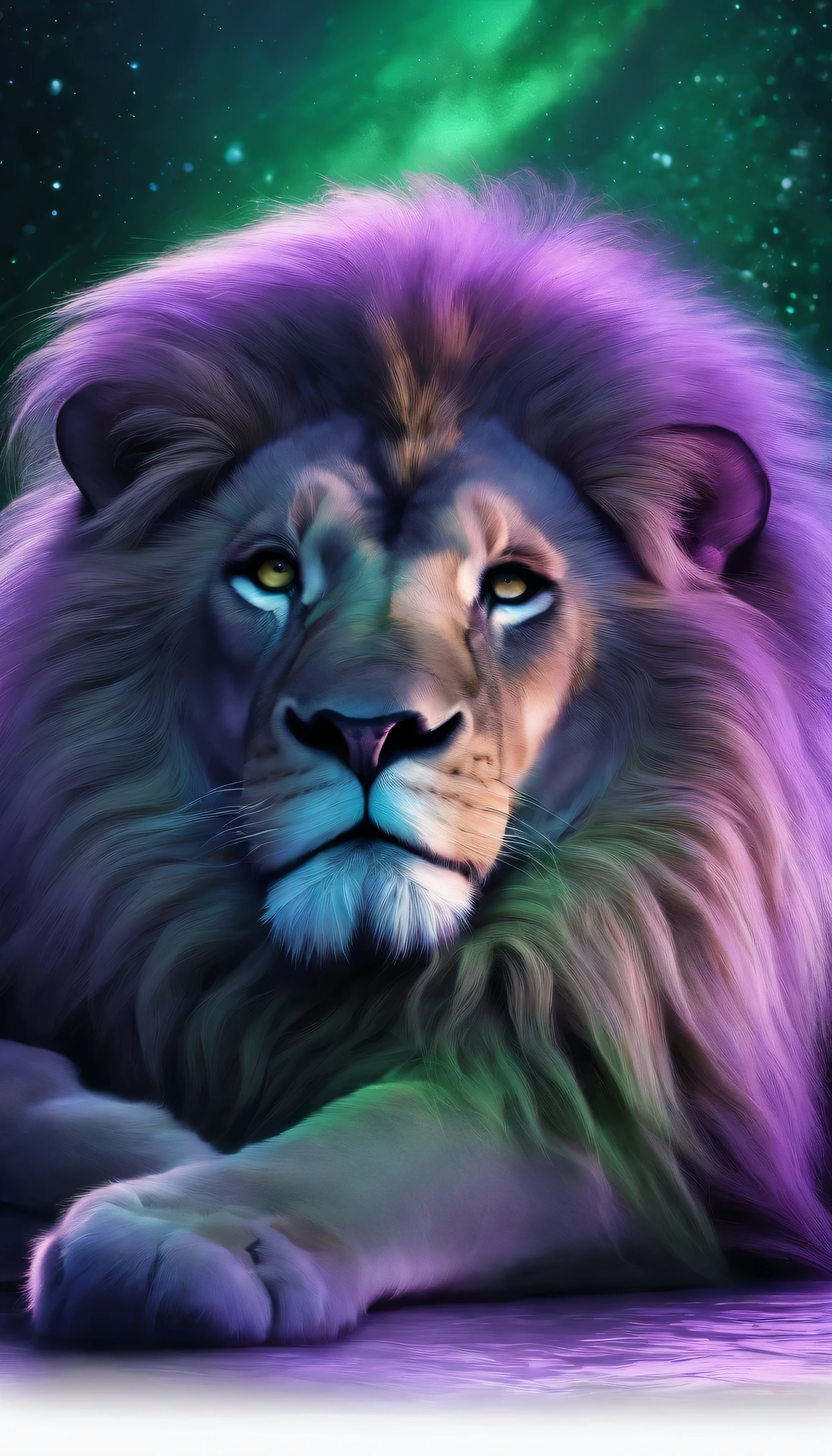 In the depths of the night, a majestic lion emerges on the canvas, its fur rendered with meticulous detail, exuding a lifelike texture and depth. Bathed in a soft, ethereal glow of lilac and green neon light, the scene comes alive, evoking a sense of mystery and tranquility against the nocturnal backdrop.