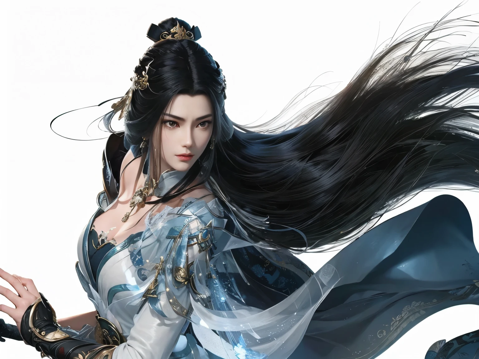 a close up of a woman with long hair and a sword, inspired by Li Mei-shu, game cg, inspired by Ju Lian, inspired by Li Tang, xianxia hero, xianxia fantasy, heise jinyao, g liulian art style, inspired by Zhou Fang, a beautiful fantasy empress, by Yang J, inspired by Wu Li