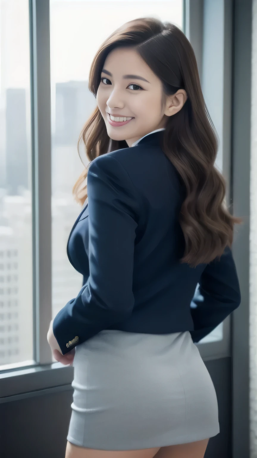 She has a beautiful Japanese face..、Dressed in a navy blue business suit、Tight mini skirt、high quality、Surreal、healthy、smiling expression、Evenly aligned white teeth、Voluptuous and perfect figure、Big ass、Big Breasts、The Beauty of Japan、Sexy curves、Long hair that goes up to the buttocks、Super long hair、Beautiful Eyes、Perfect Face、Beautiful Skin、From the back、Face close-up、Background is an office on a high floor、next to the window、Athletic legs、Black high heels、Show the whole body、